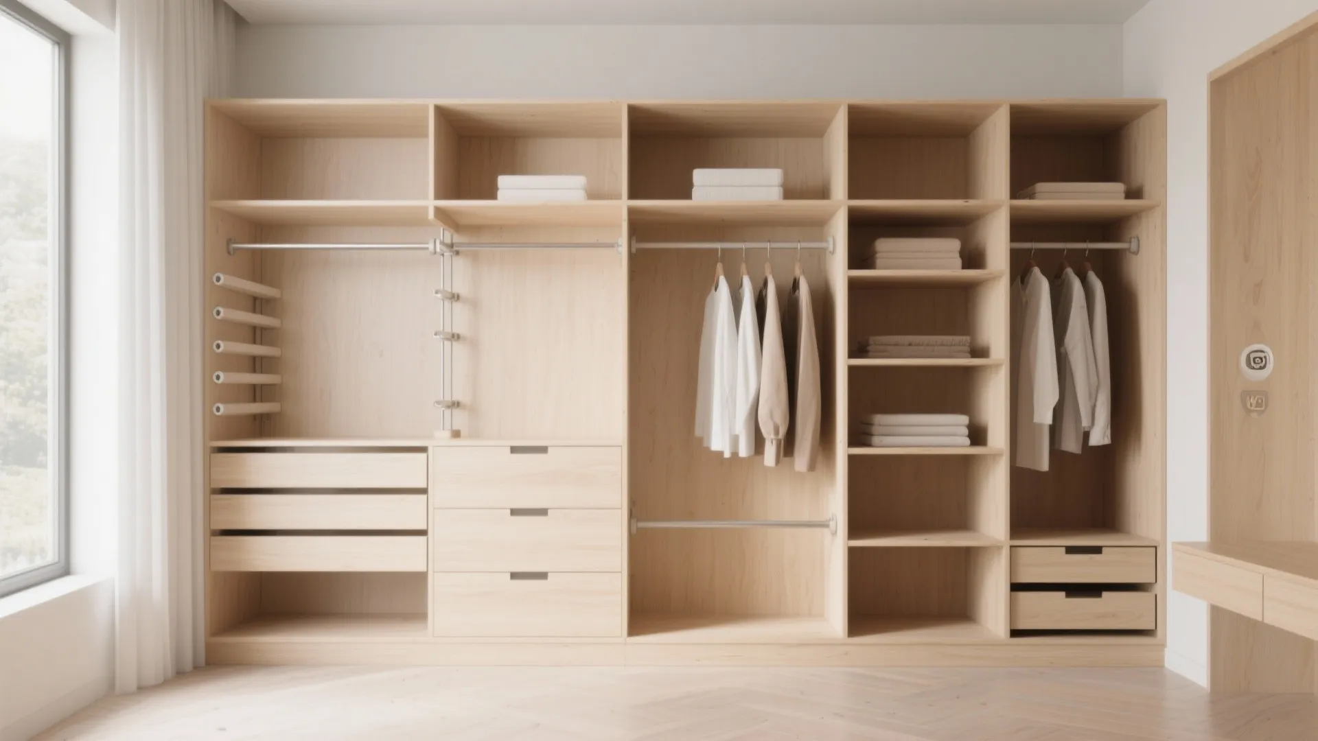 Light wood modular cabinet system with open shelves hanging rails drawers and neat clothing storage layout