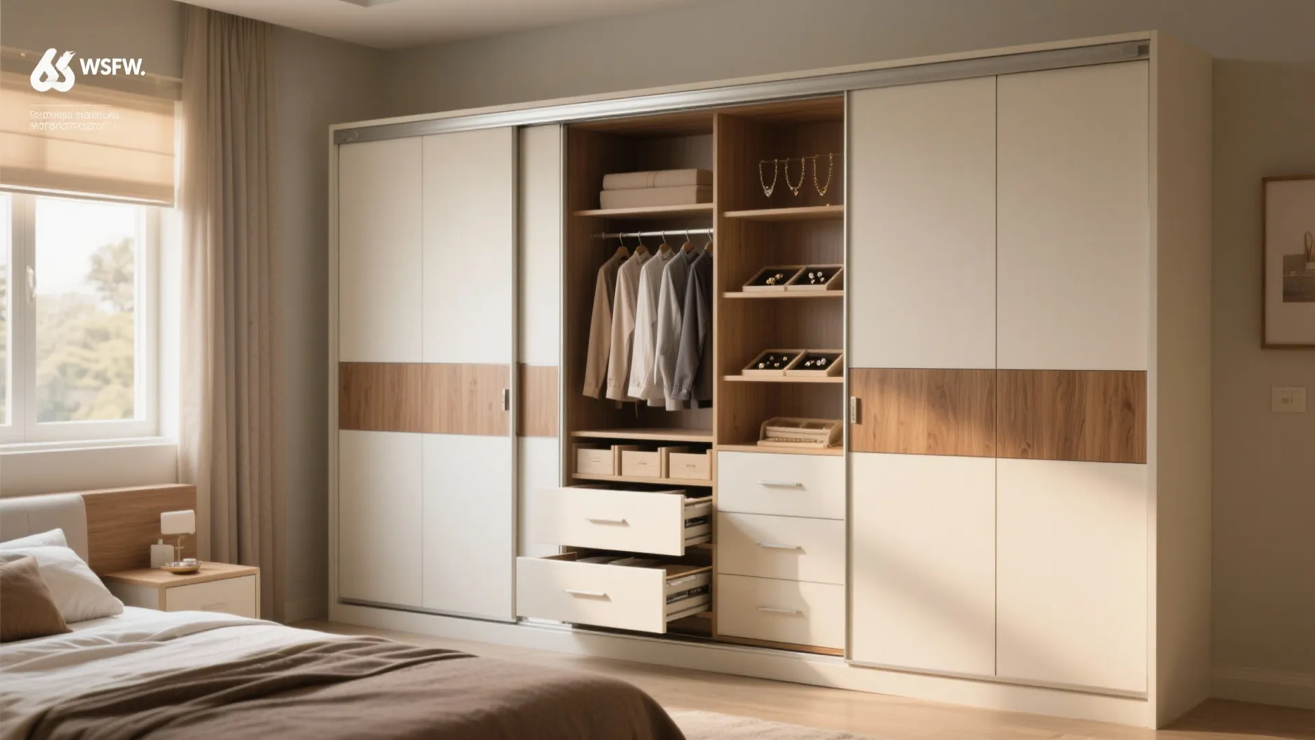 Modern white sliding door cabinet with wooden details showing interior storage and open clothes hanging area