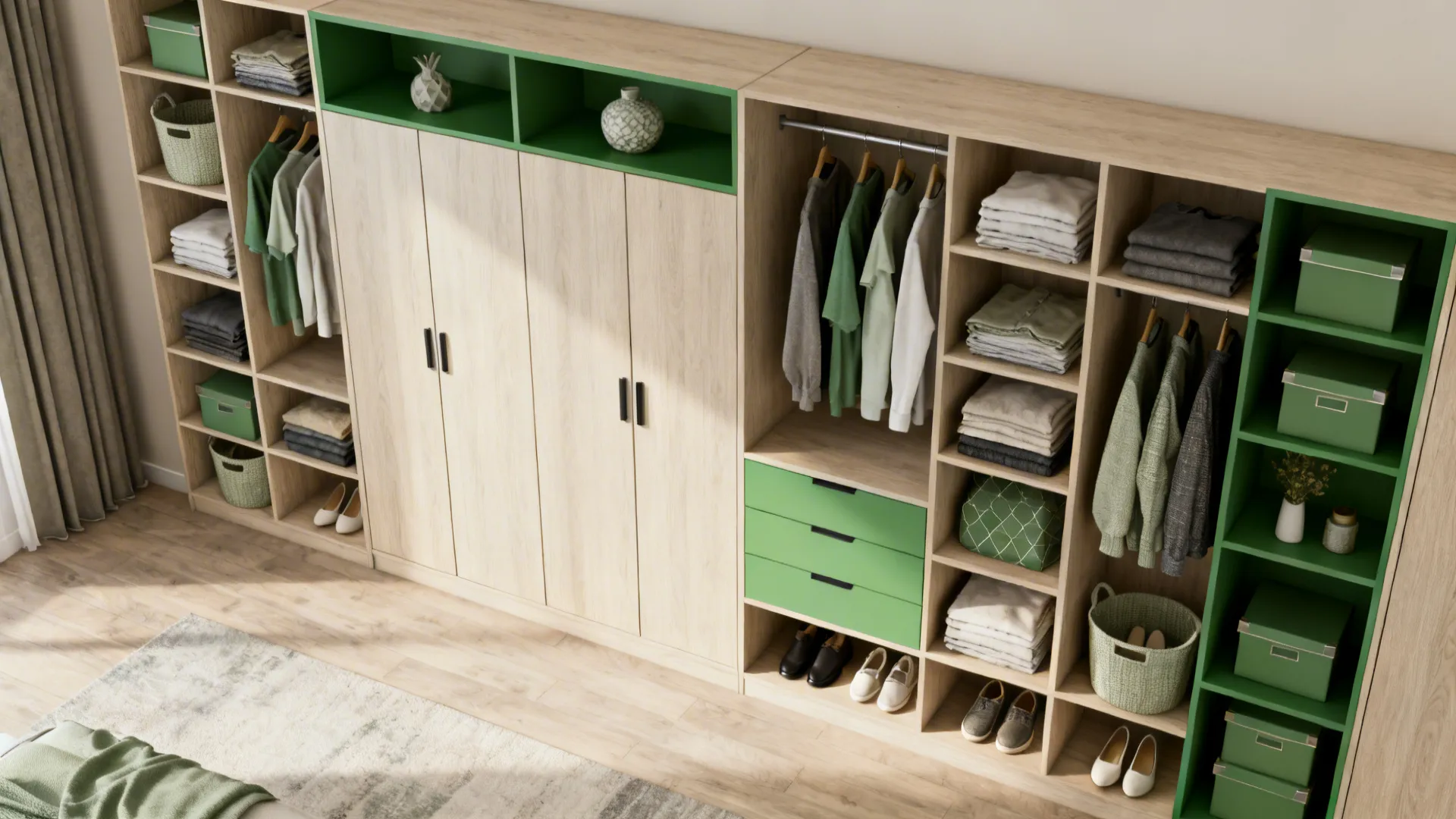 Modular wardrobe with open cubbies and closed storage showing organized clothes and shoes