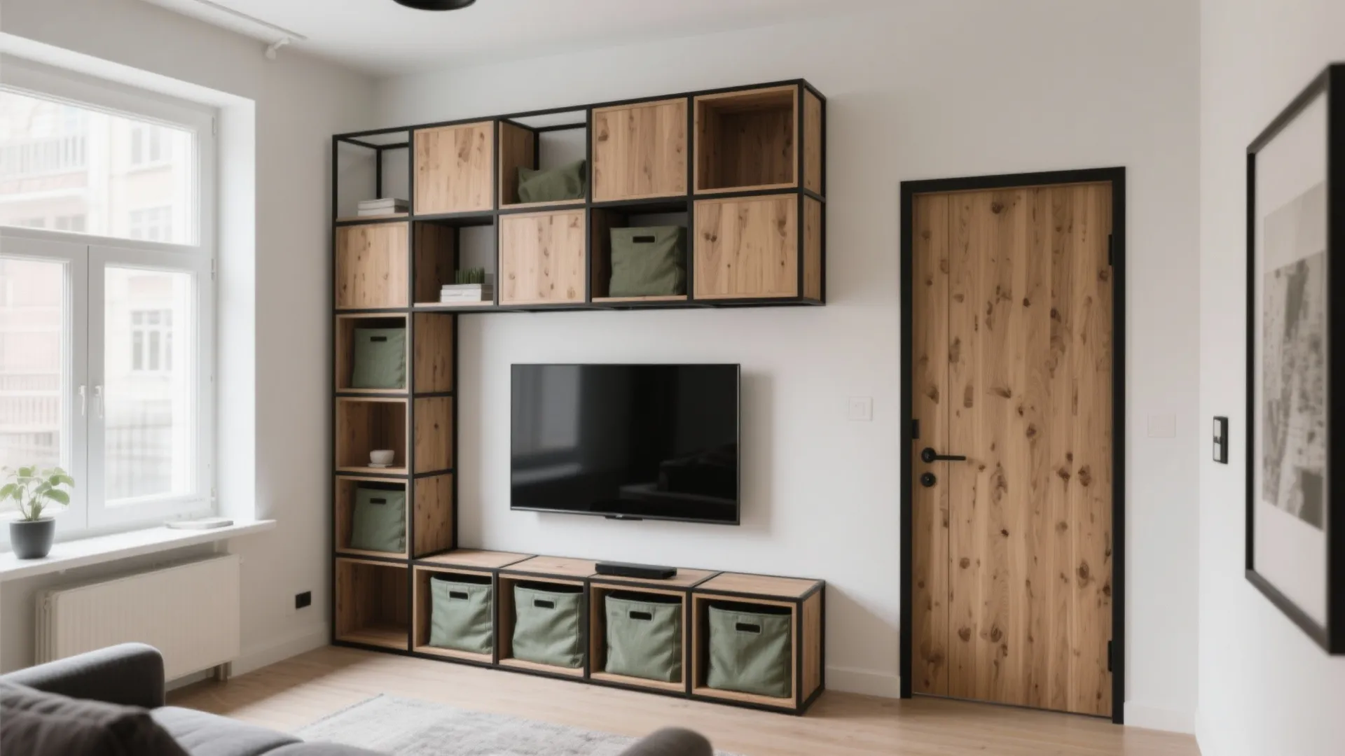 Modular Grid Shelves for Small Living Rooms