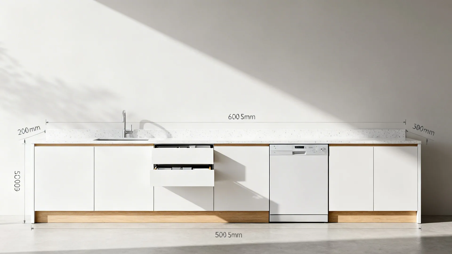 Cabinet run with 600 sink, 450 pull-out, 600 dishwasher, and 300 tray slot in a small kitchen.