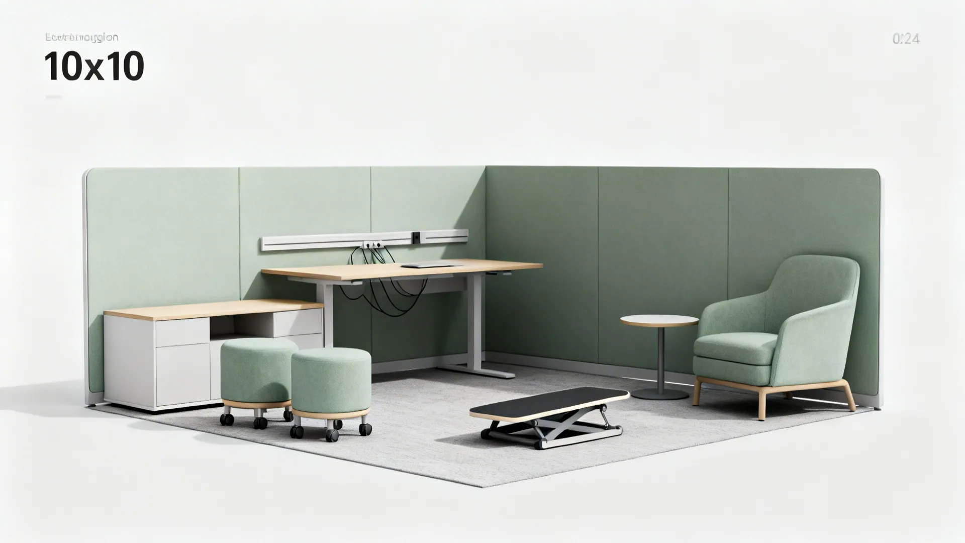 10x10 office with a desk zone, a corner meeting nook, and a small stretch area using modular furniture.