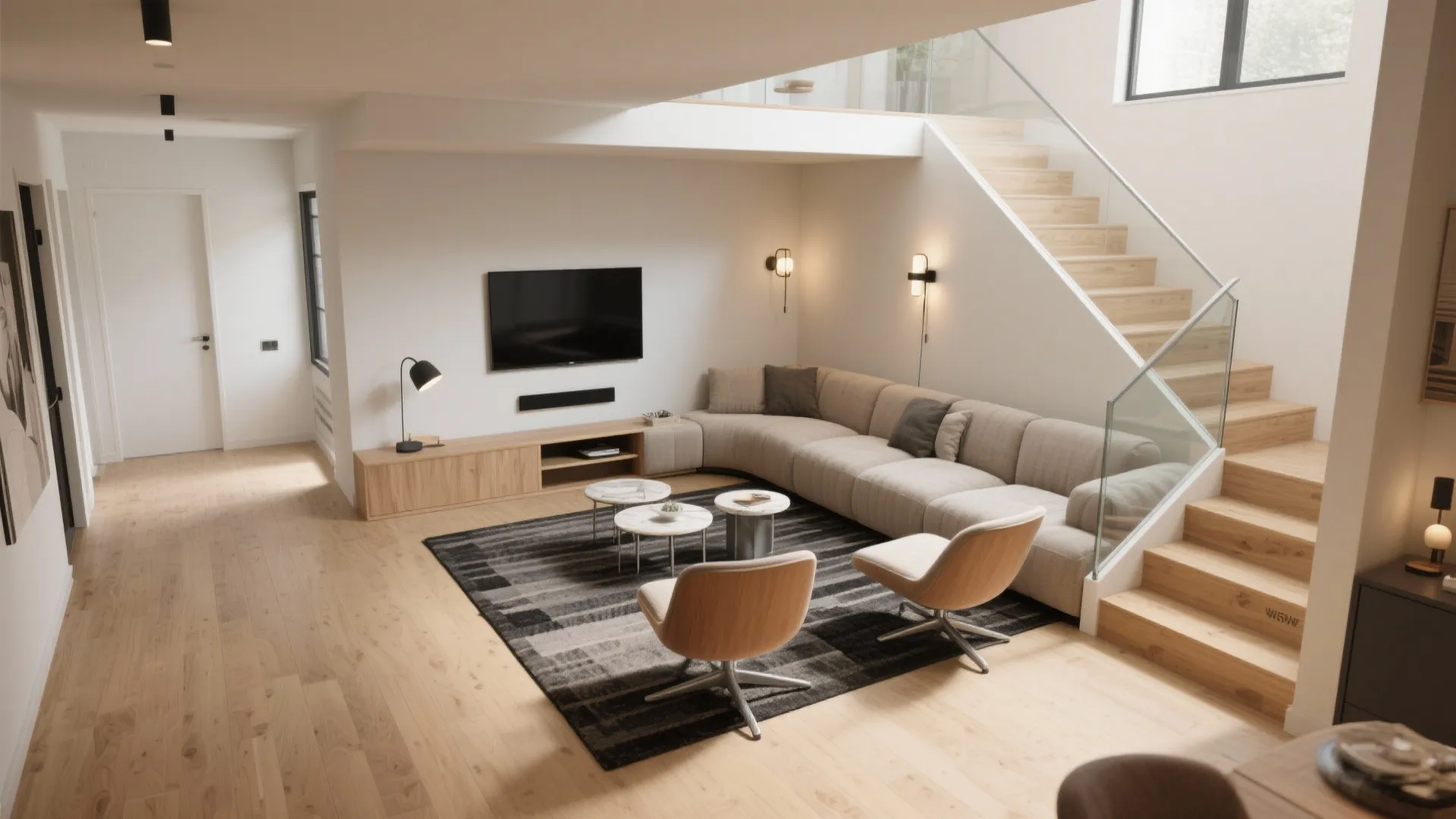 Spacious living area with beige sofa wall mounted television wooden floors and stairs with glass