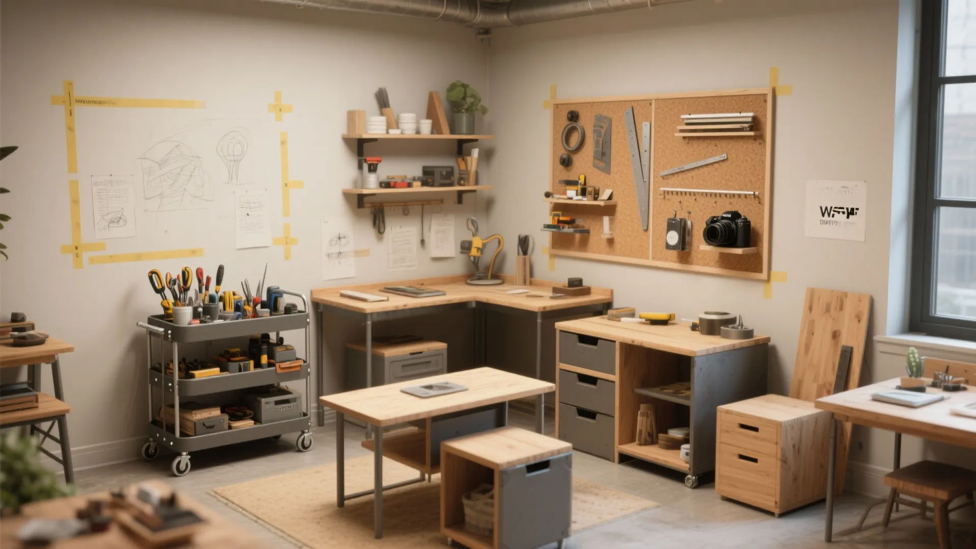 Well organized craft studio with modular wood furniture and a grey tool cart on wheels