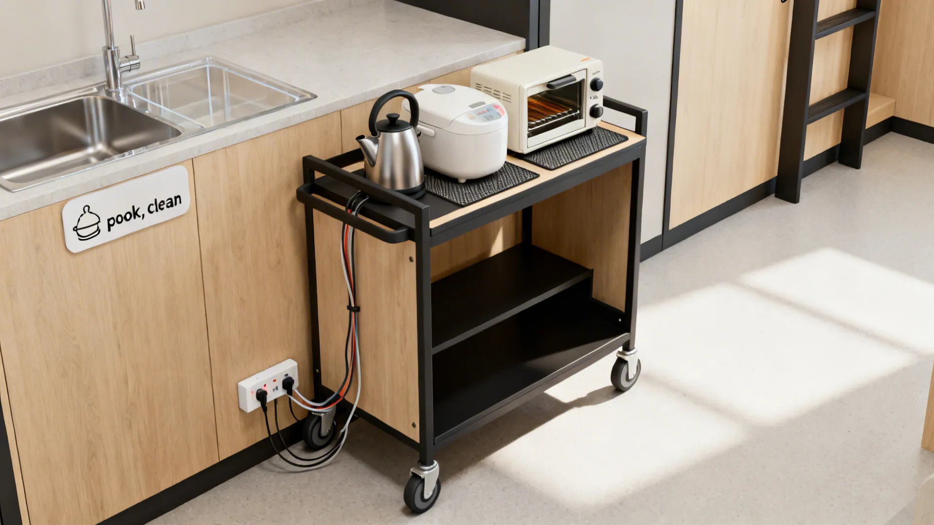 Rolling kitchen cart with small appliances and safe, tidy setup in a hostel kitchen.