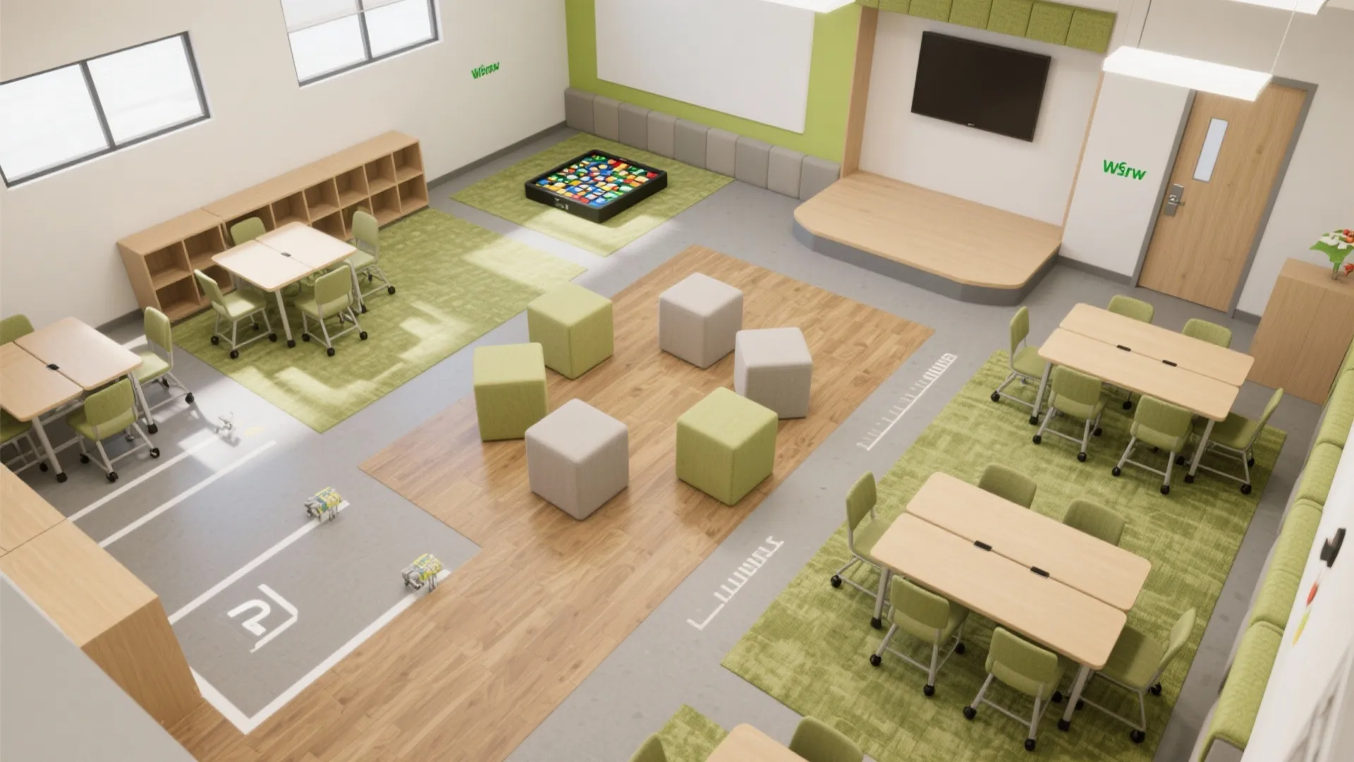 Top view interior design drawing of classroom with green rugs wooden tables and small stage area