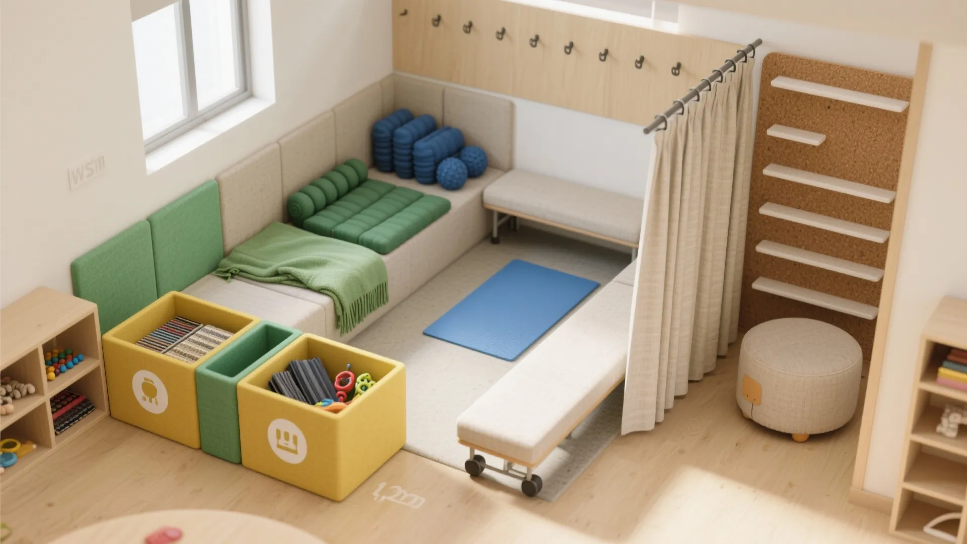 Flexible zones with modular, stowable pieces