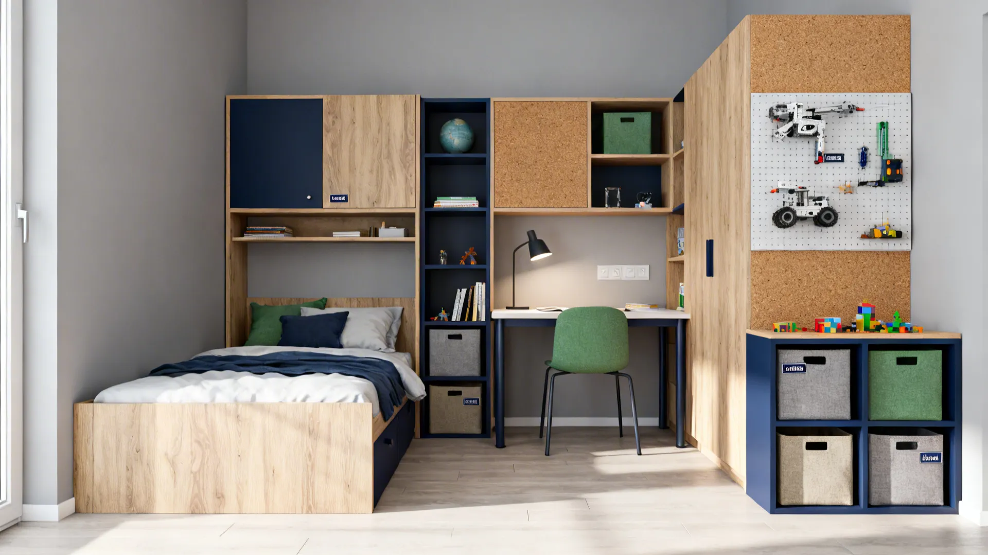 Three-zone small boy’s room with bed, study desk, and play shelves in cohesive wood and neutral tones.