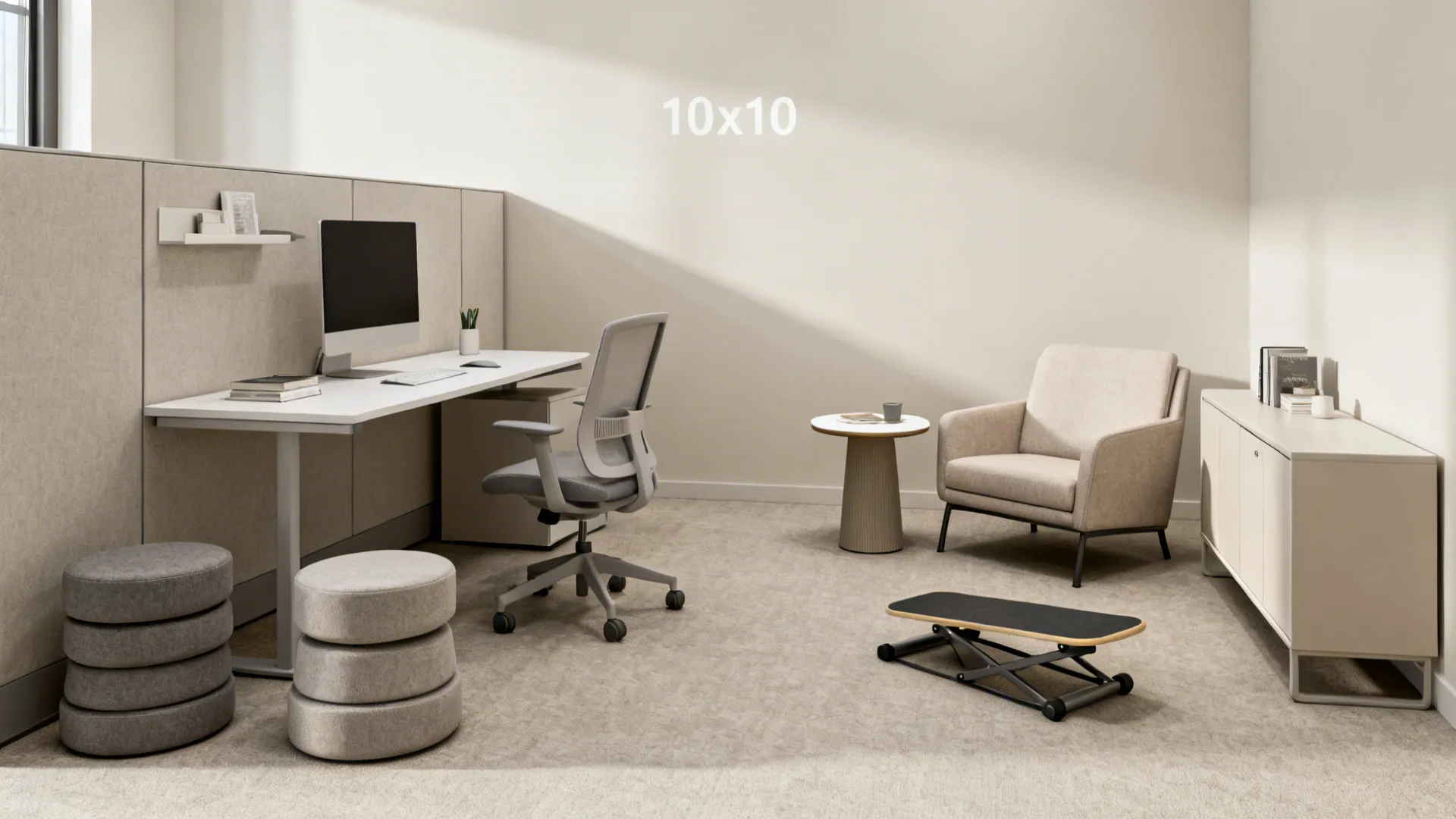 Modern office interior with white desk, computer, grey chair, armchair, small table, and storage cabinet