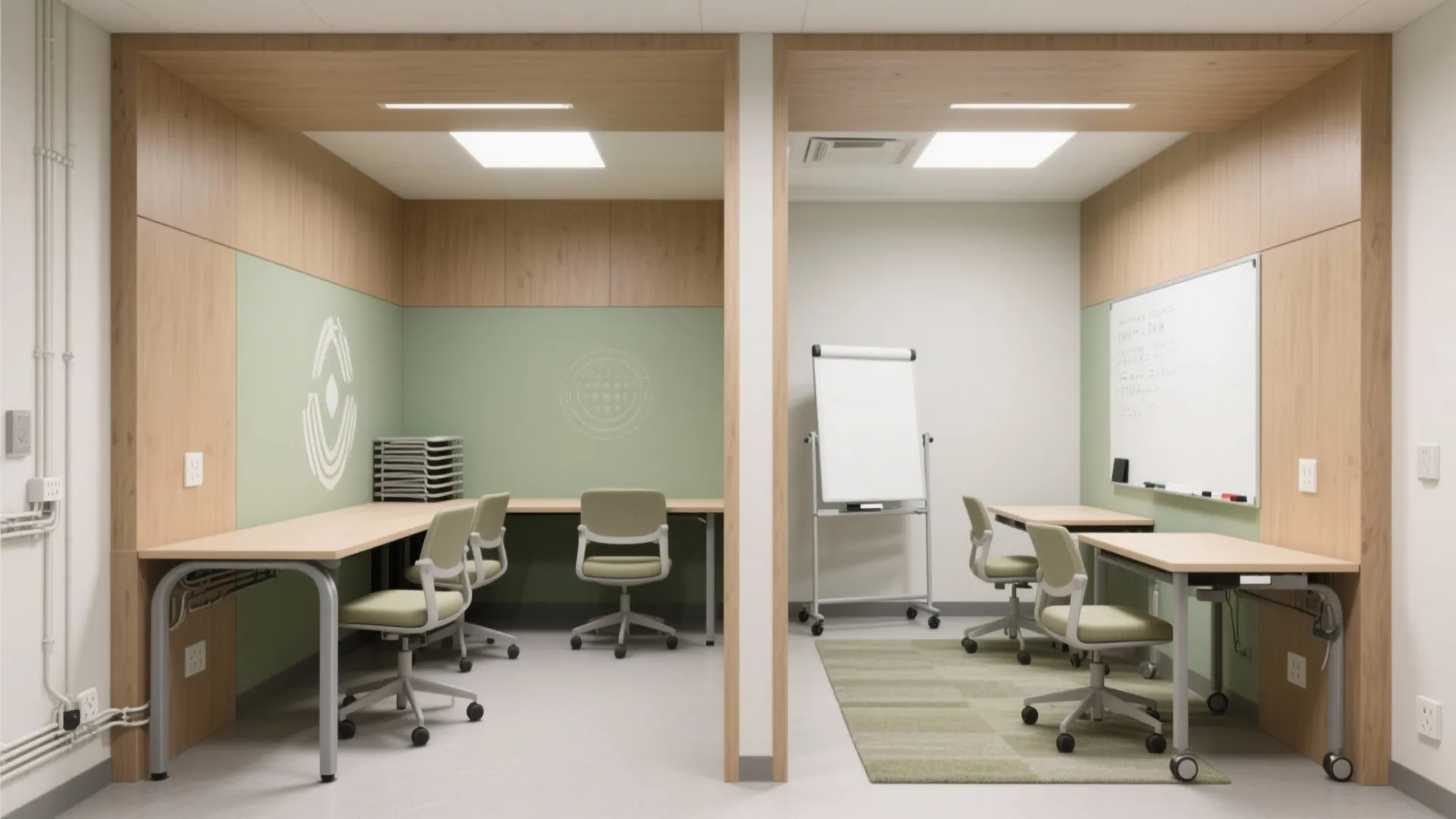 Modern office room layout with green chairs desks whiteboards and wooden wall panels for work