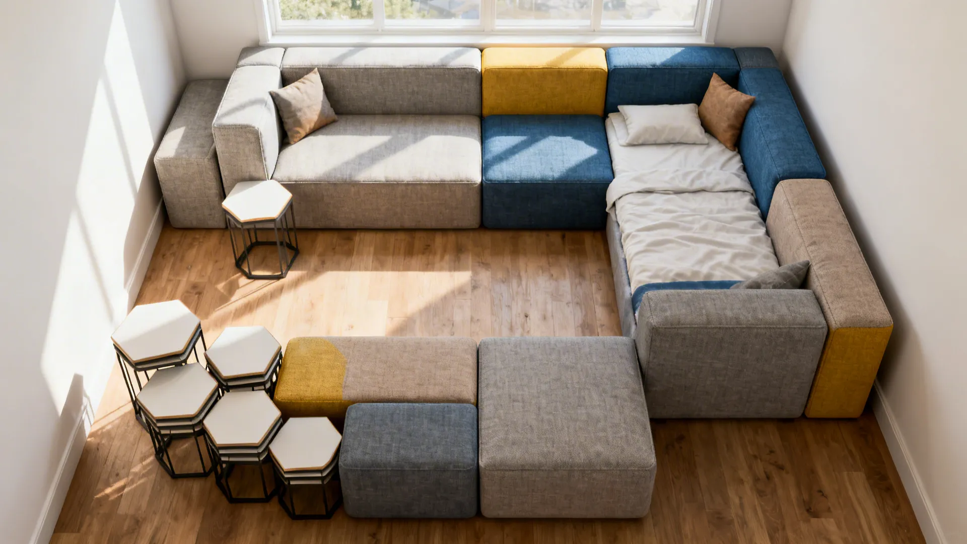 Modular seating rearranged into multiple configurations including a guest bed in a small living space.