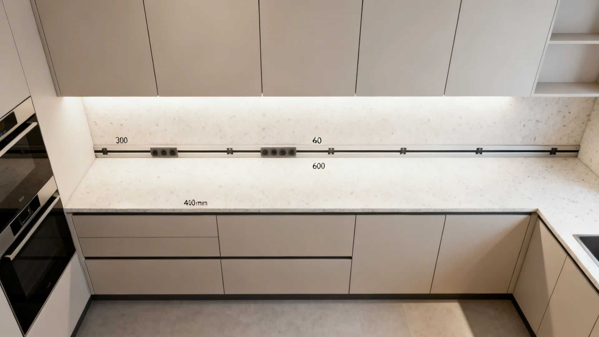 Top-down view mapping 300/400/600 mm cabinet modules with a consistent datum line in a minimalist elevation.