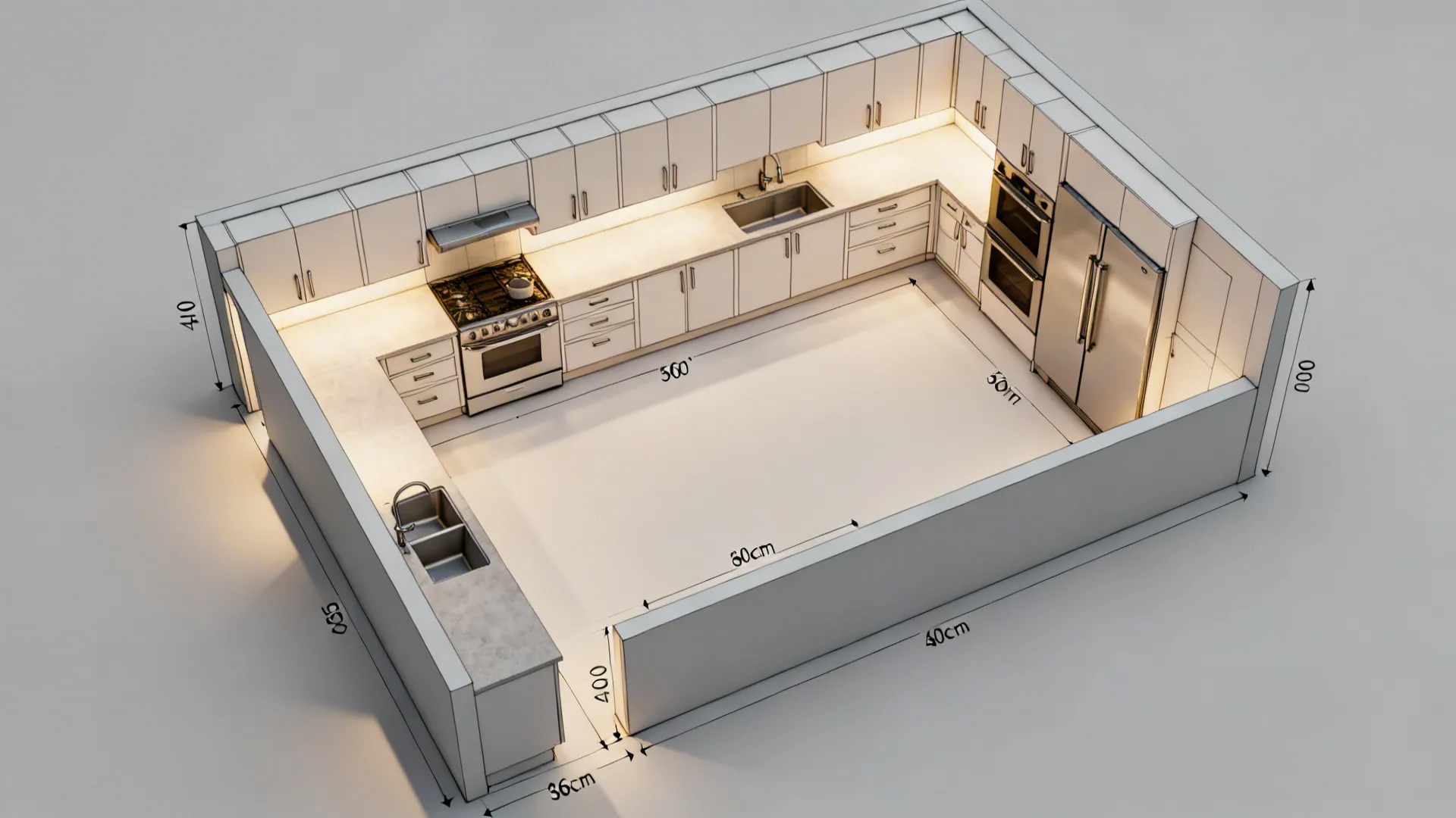 Top-down plan of an L-shaped kitchen showing cabinet modules, door swings, and aisle clearances.