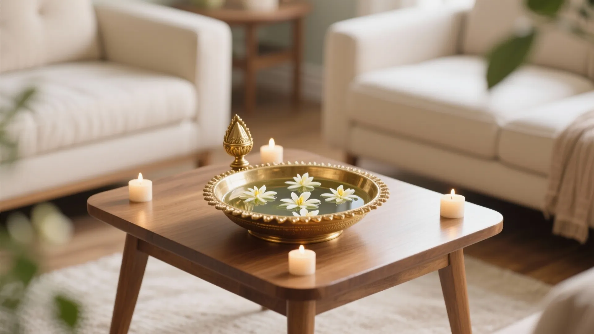2. Mogra & Brass Urli Centerpiece
