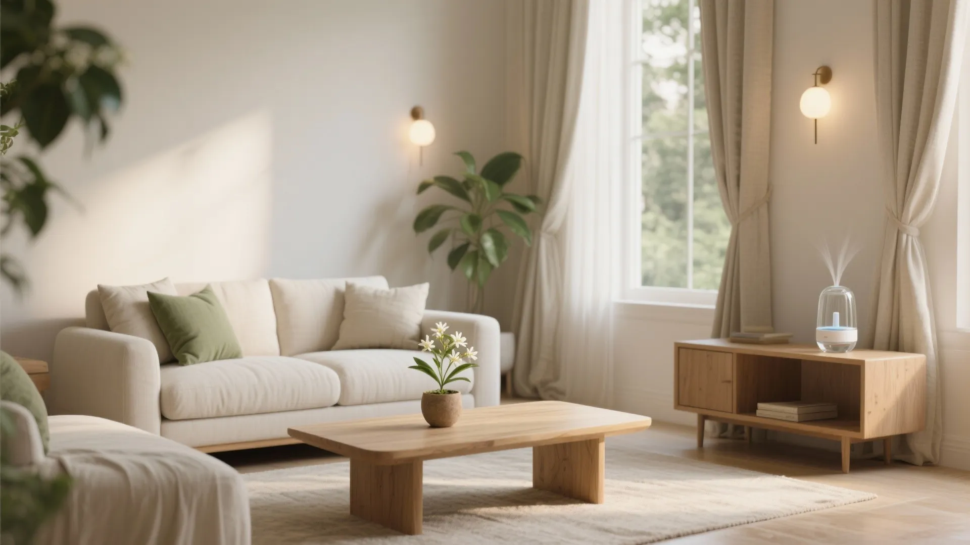 Modern living room with white sofa wooden coffee table wall lights beige curtains and plants