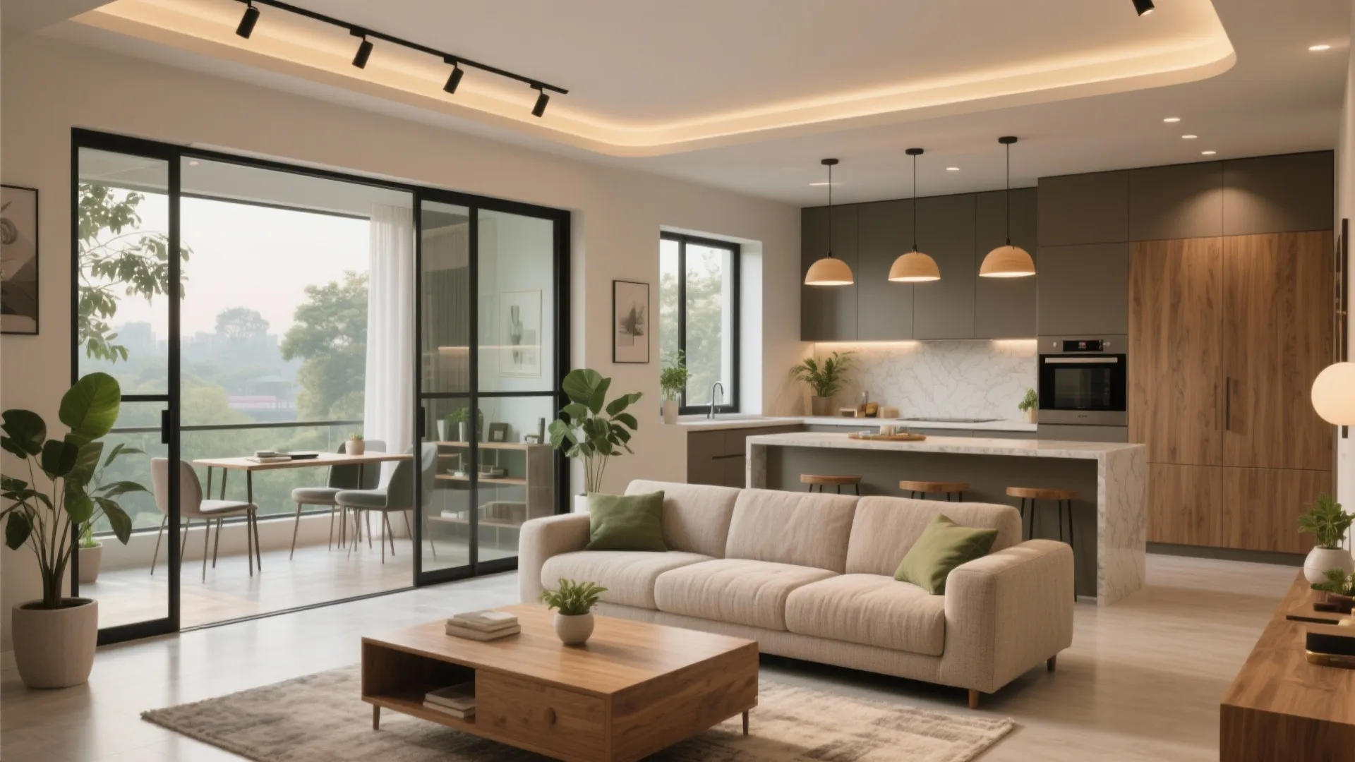 Open plan living room and kitchen featuring marble island with wood cabinets and balcony view