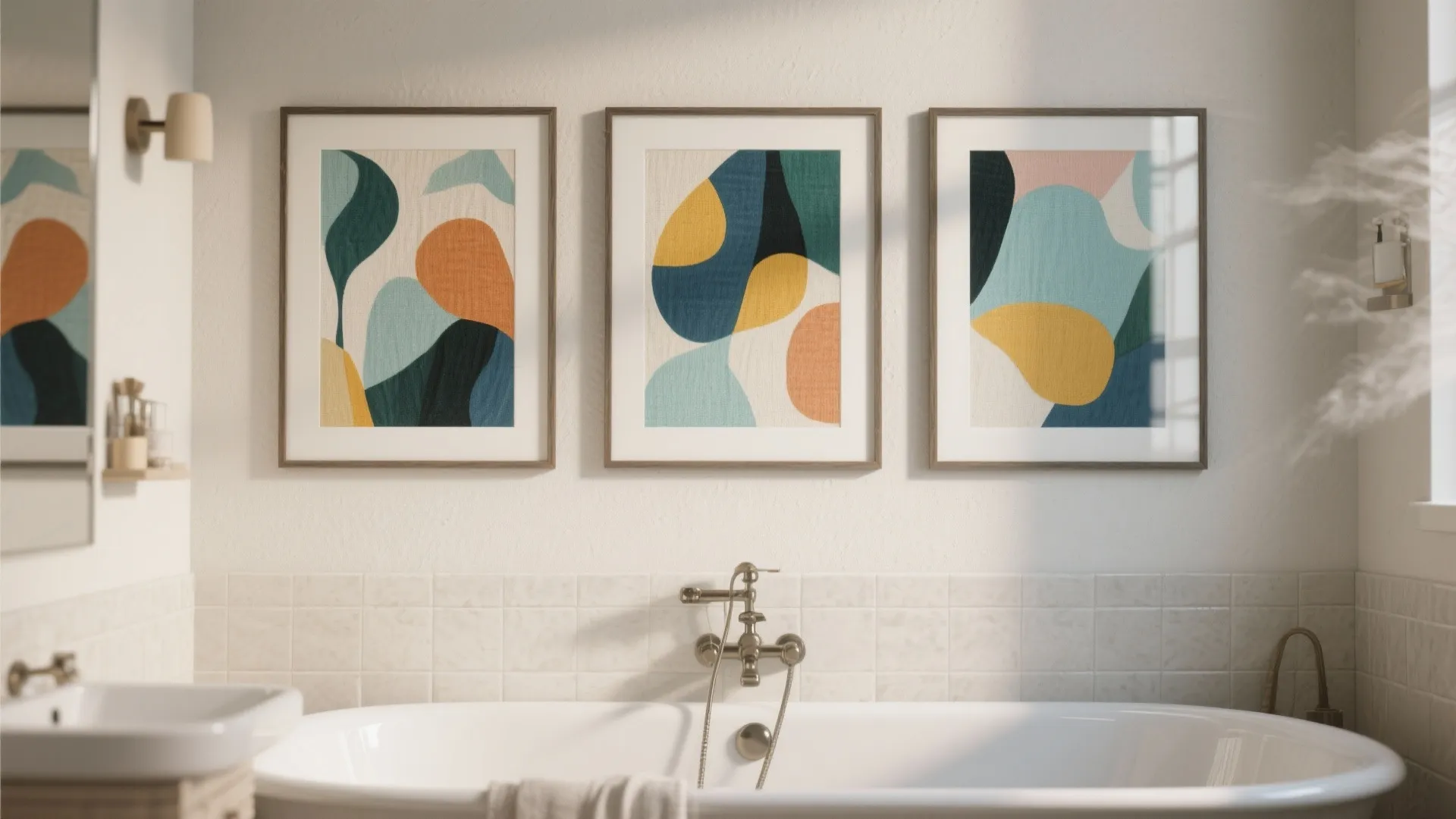 Three colorful abstract wall art pieces hanging above white bathtub and sink in bright bathroom