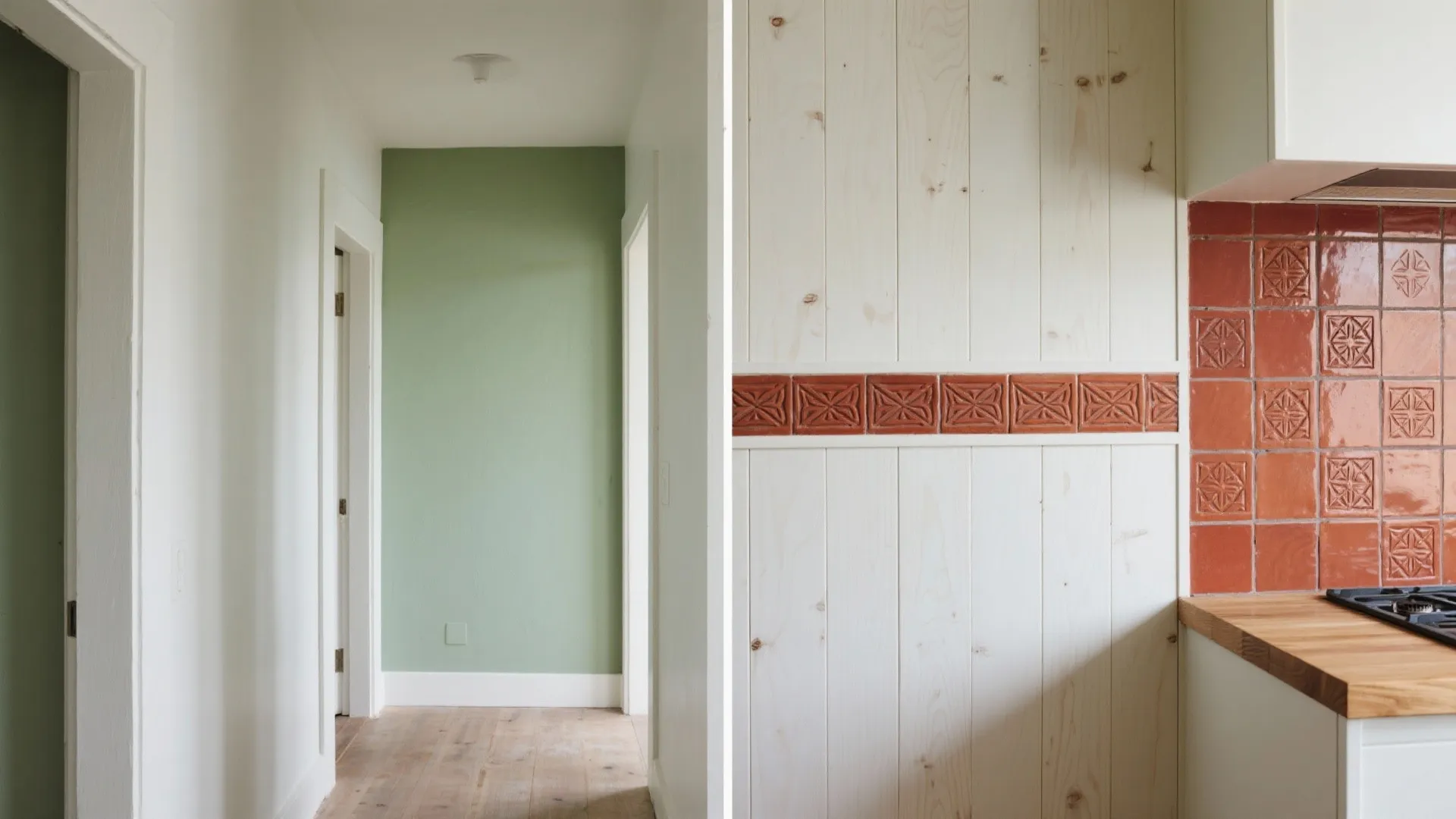 White hallway with green wall and kitchen view showing wood wall panels and red tiles