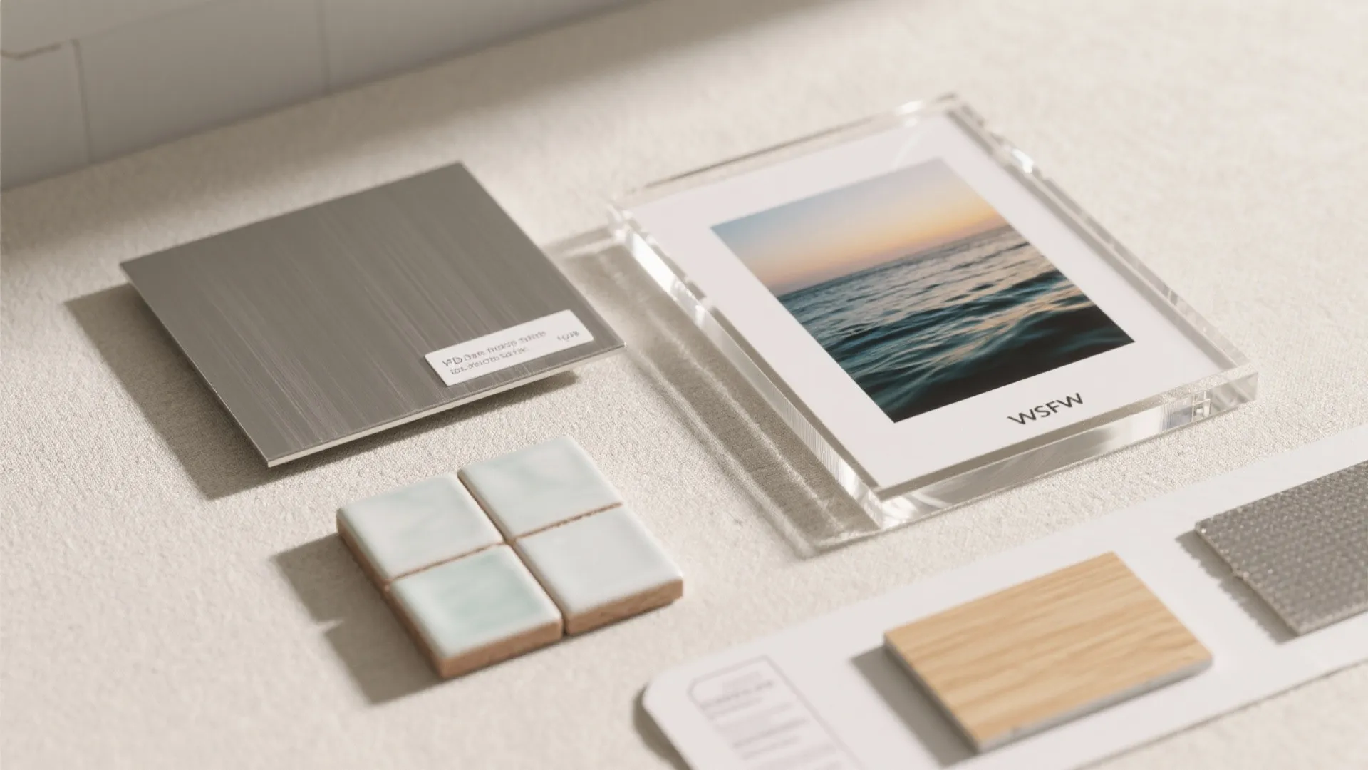 Selection of interior design material samples including tiles wood and metal on a light surface