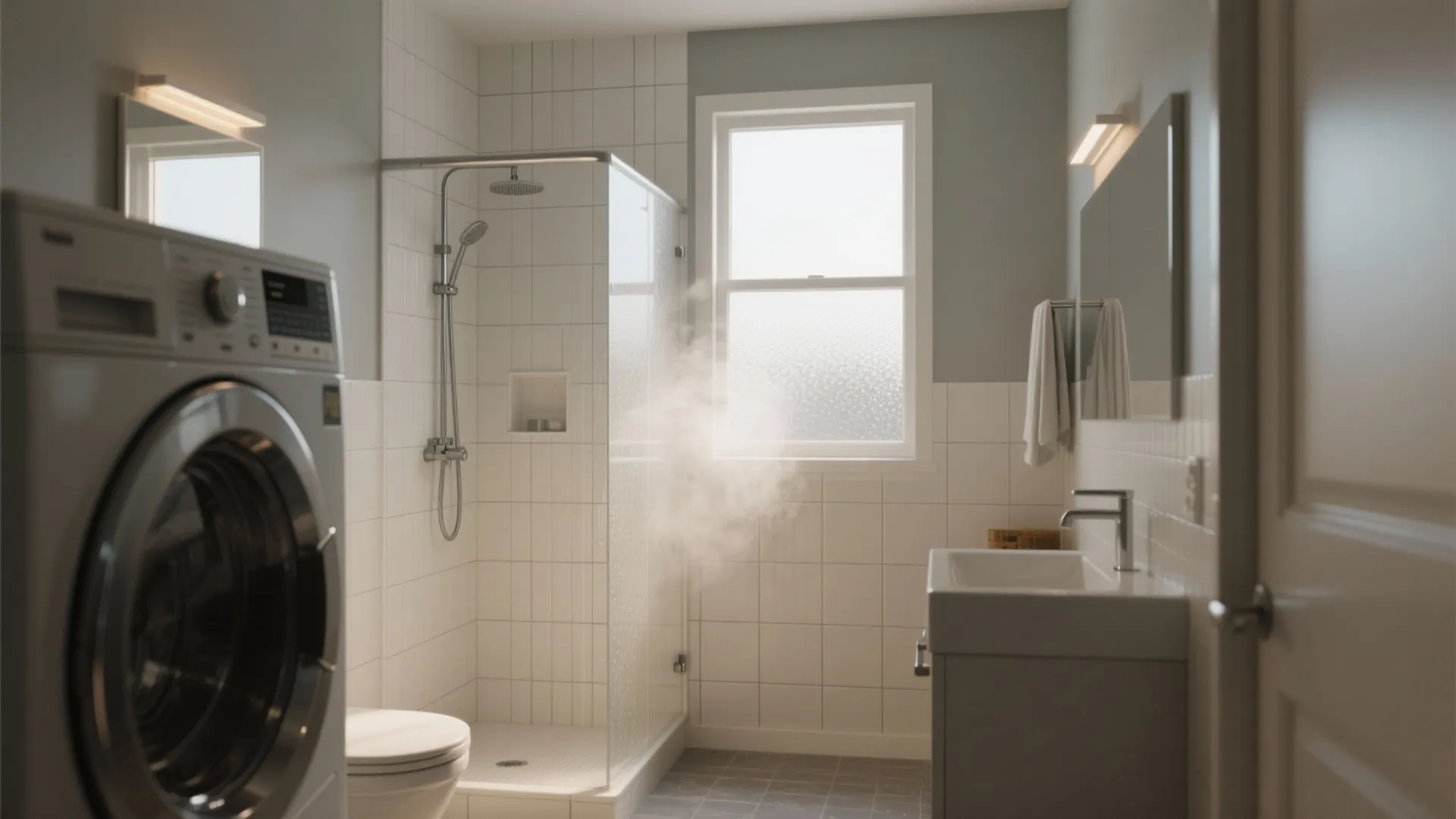 Steamy bathroom with white tiles a shower glass door washing machine sink and wall light