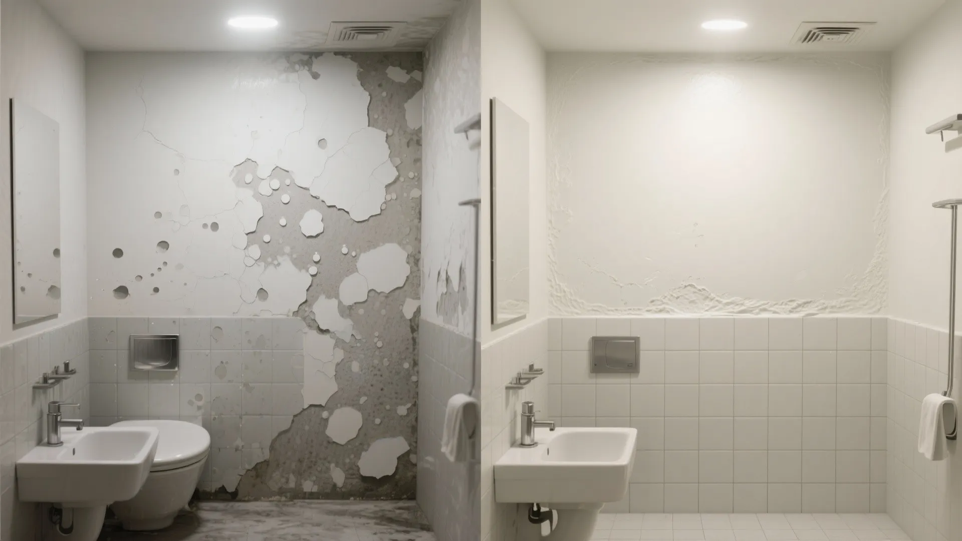 Before and after comparison of a damaged bathroom wall versus a clean repaired white wall