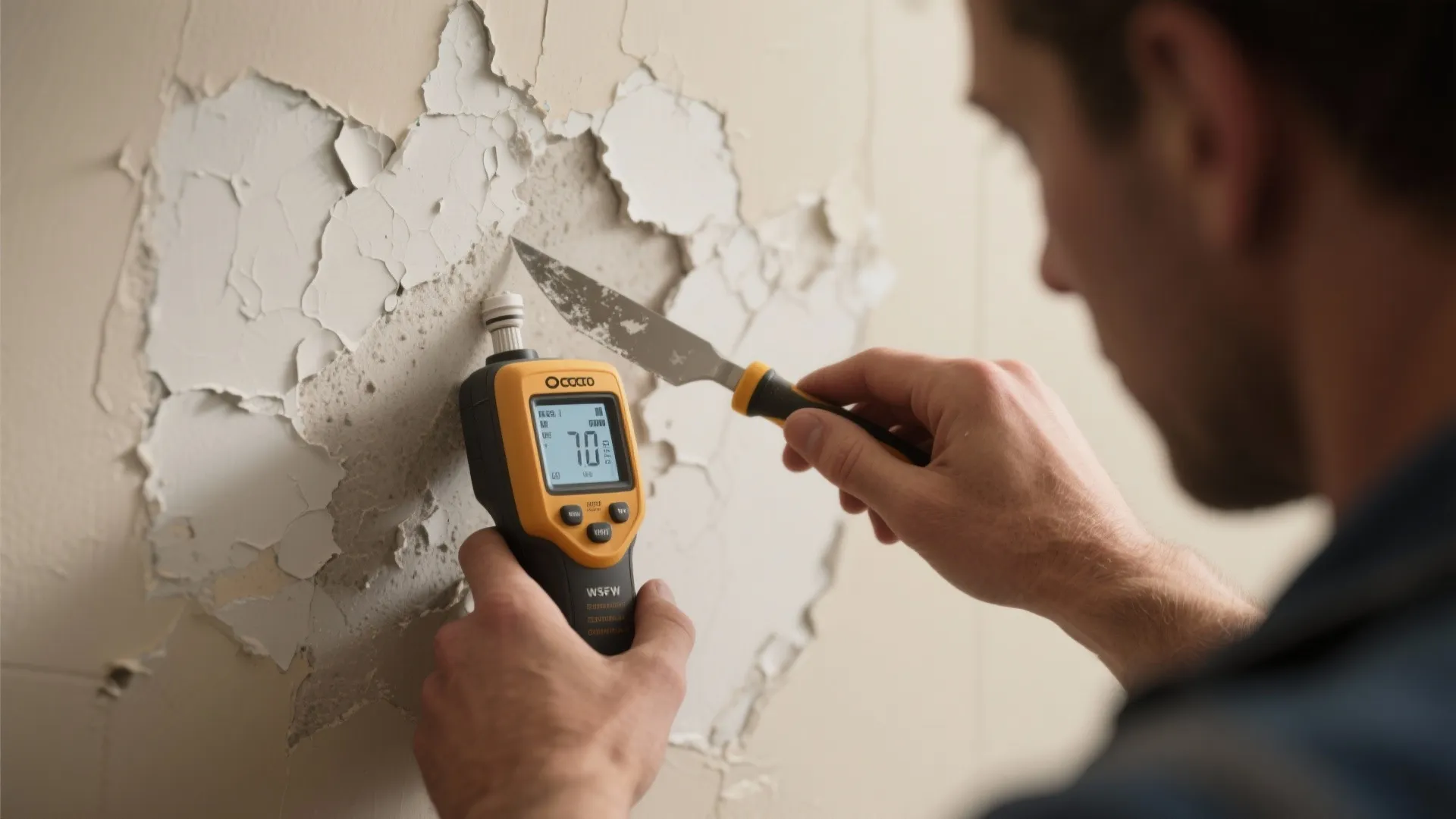 Handheld moisture meter and putty knife inspecting a wall with bubbling paint