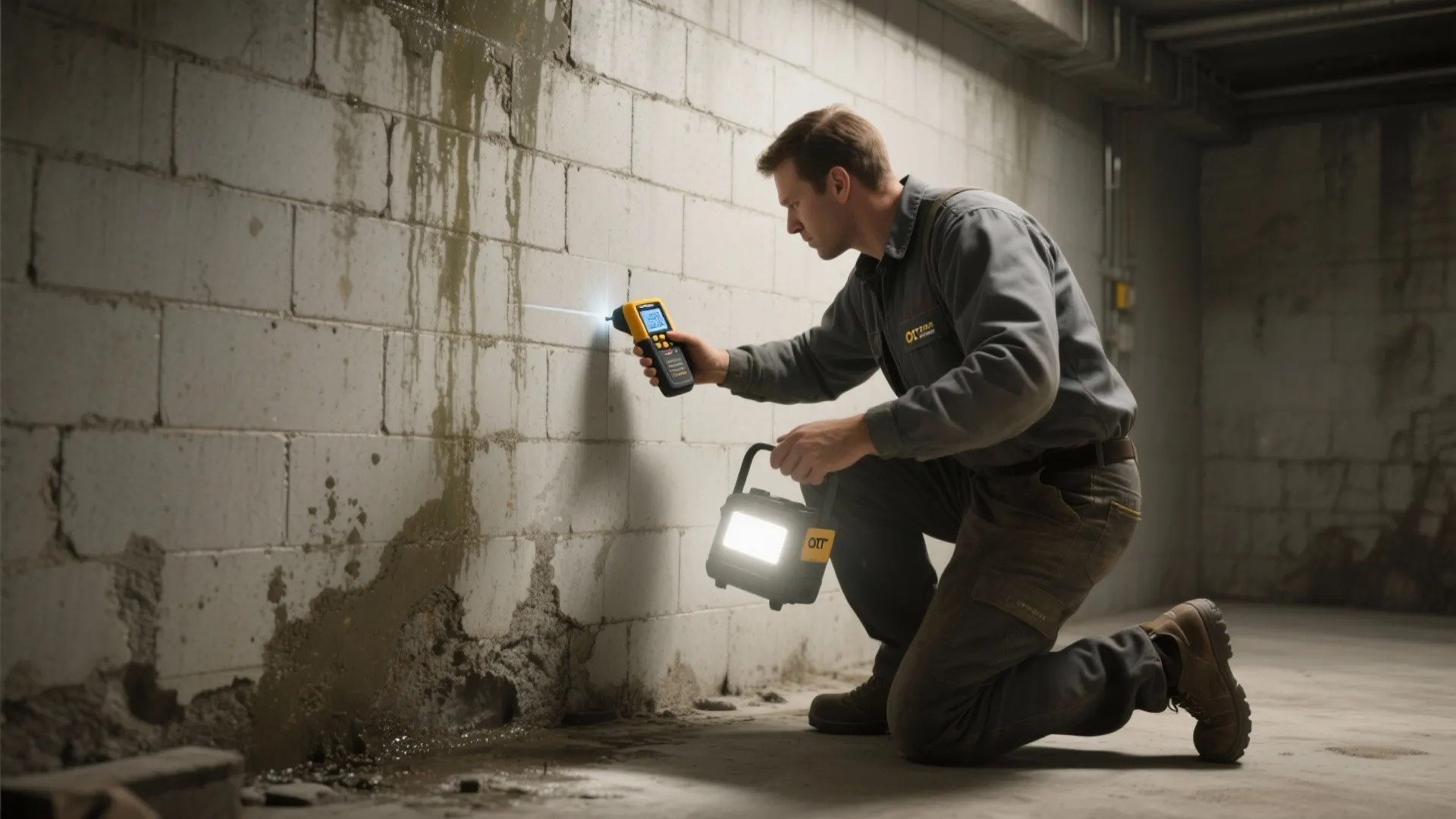Man kneeling and using a digital meter to check for moisture on a wet brick wall