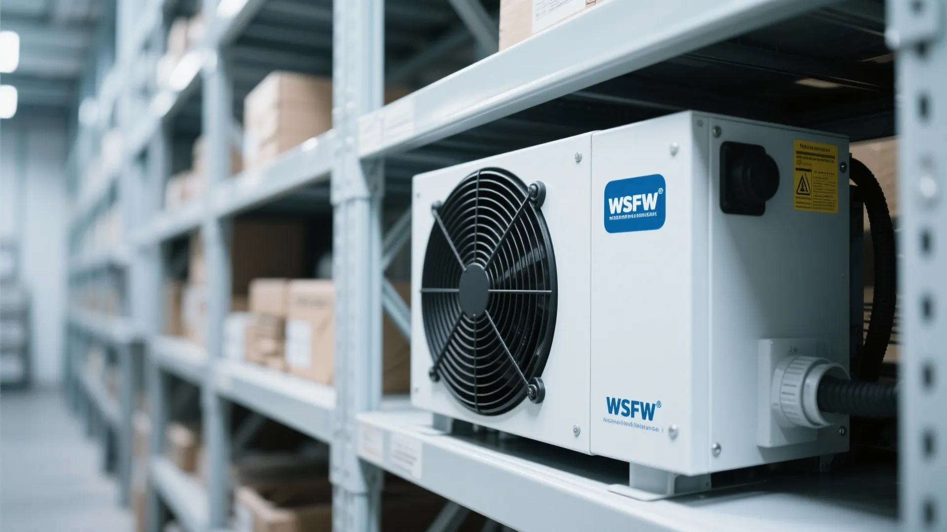White moisture control machine with a large black fan sitting on a grey metal storage shelf