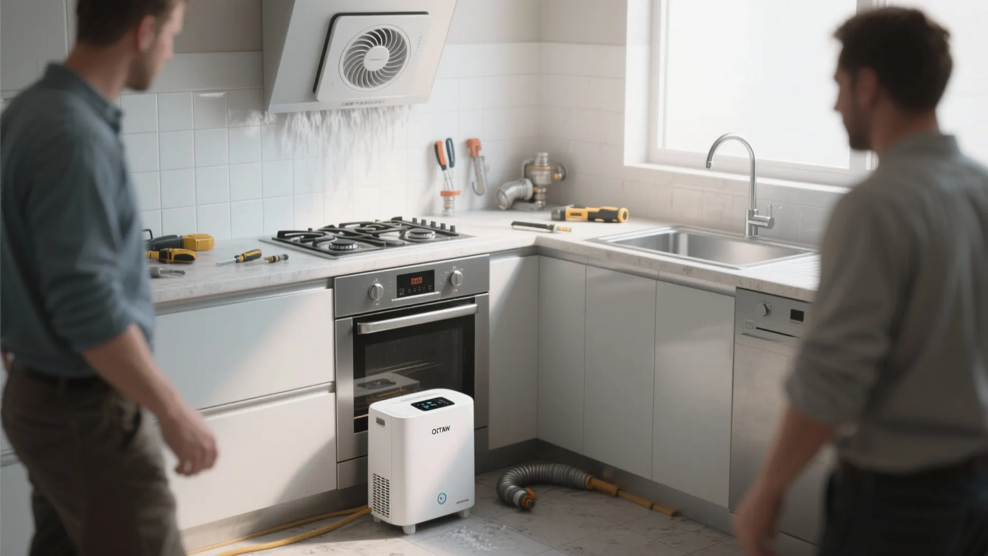 Kitchen scene showing moisture control measures: extractor fan, dehumidifier, and a sealed wall near the sink.