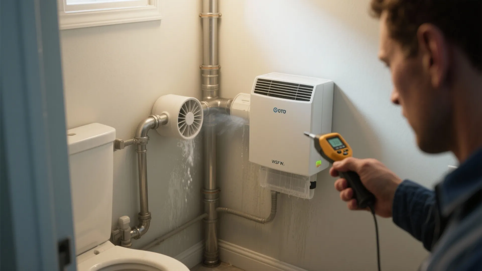 Man using a handheld meter to check moisture levels near bathroom pipes and white device
