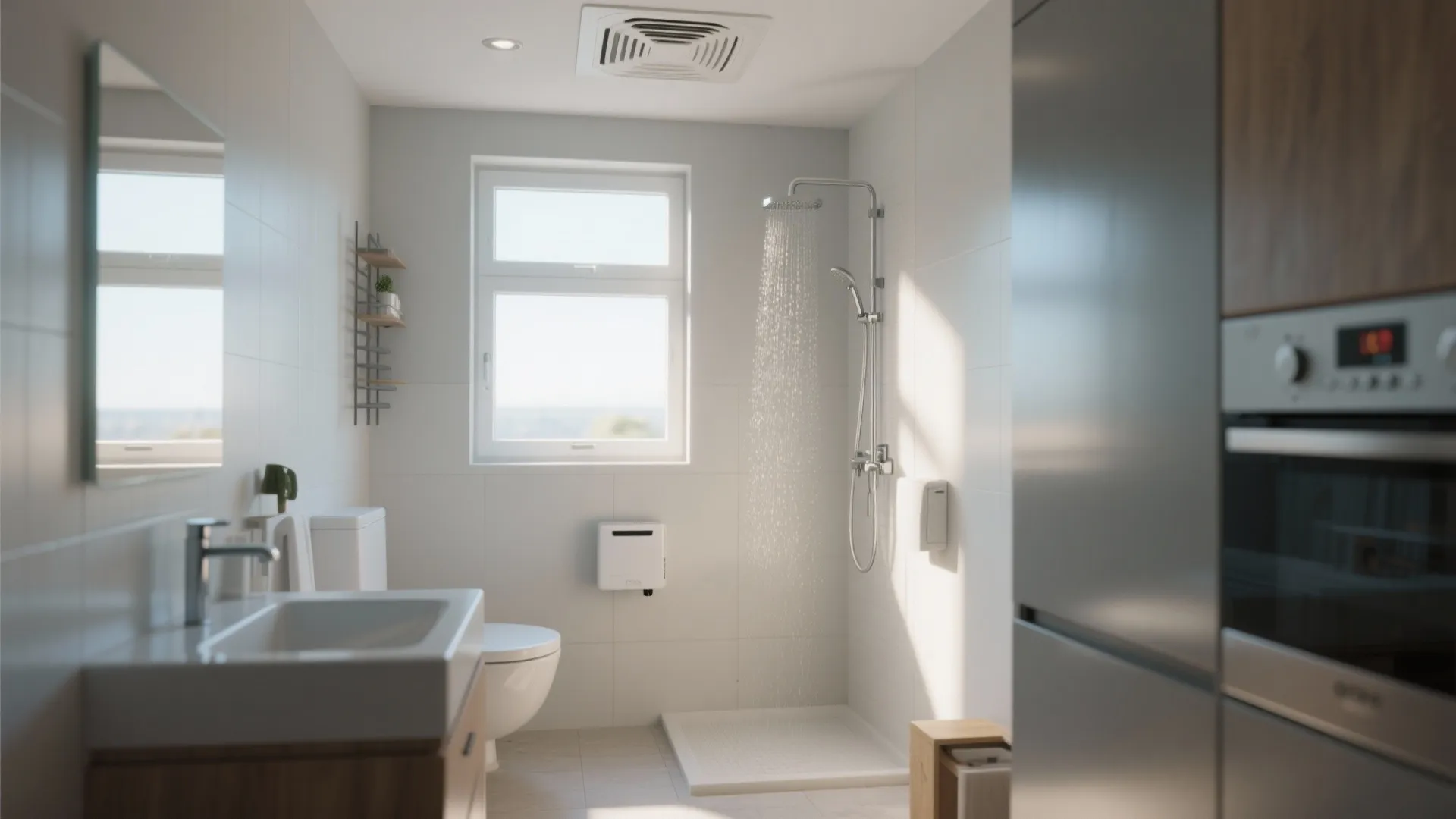 Modern white bathroom showing running shower water toilet sink and ceiling ventilation fan near window