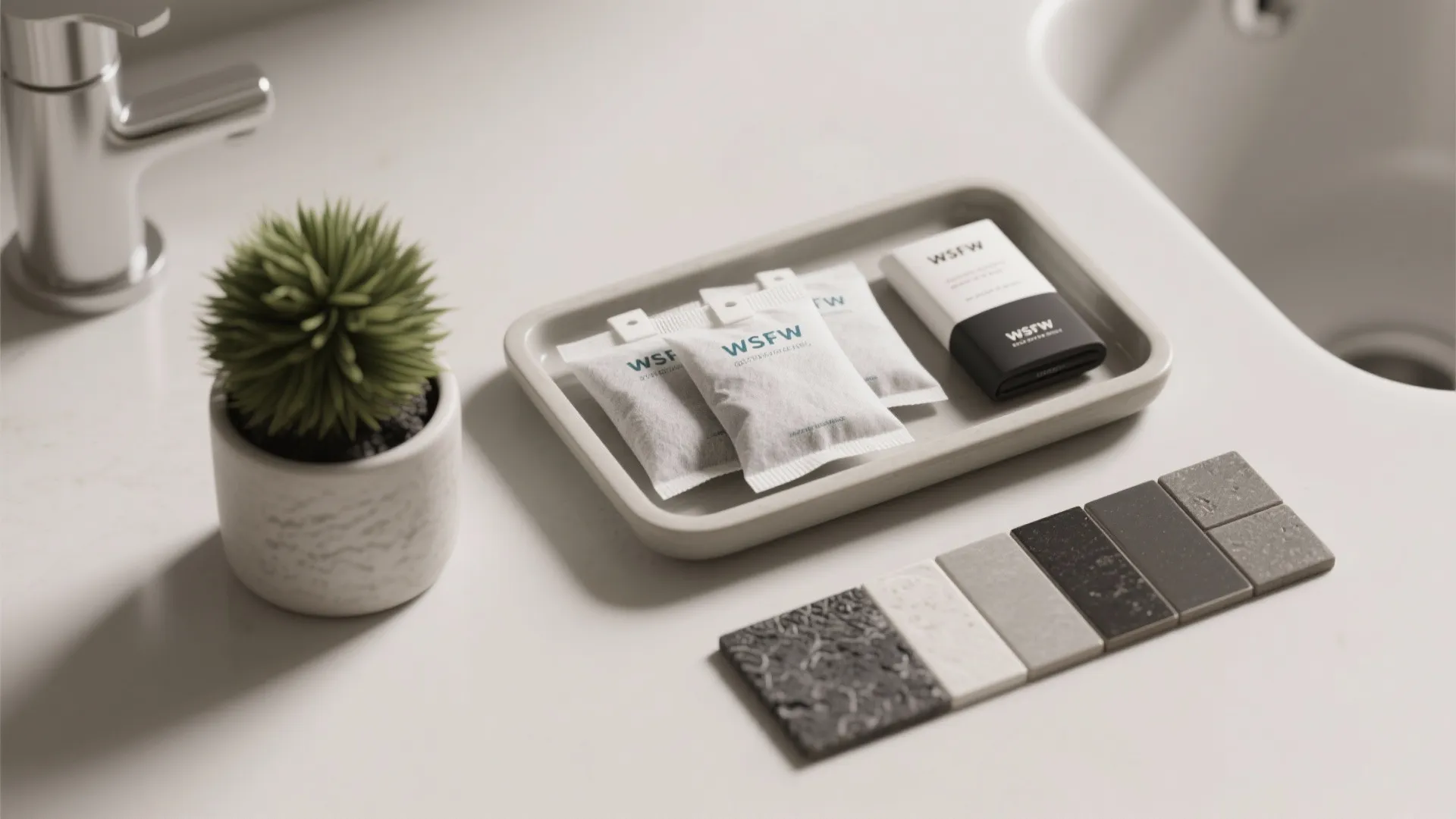 Bathroom counter with small plant tray holding moisture control packets and grey stone material samples
