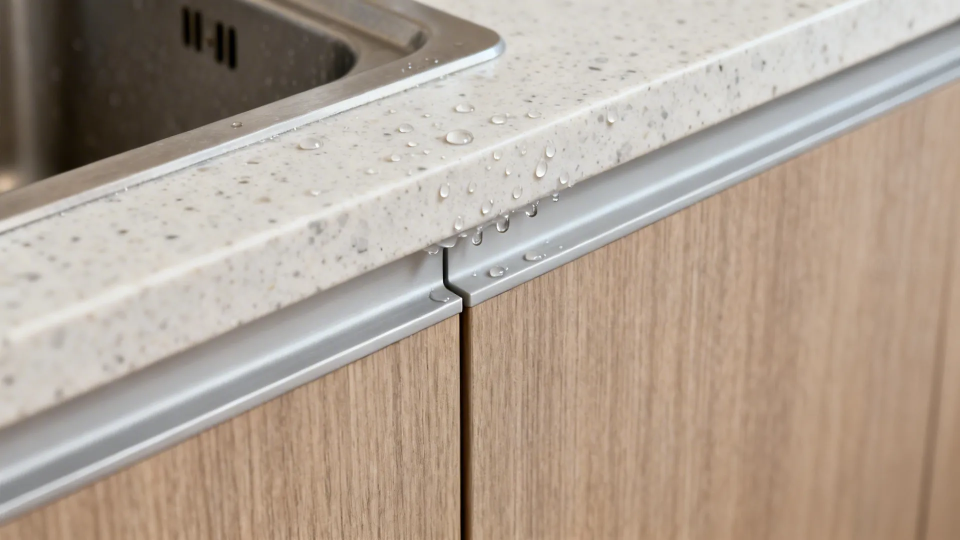 Close-up of water droplets on a white speckled kitchen countertop above light wood cabinet doors