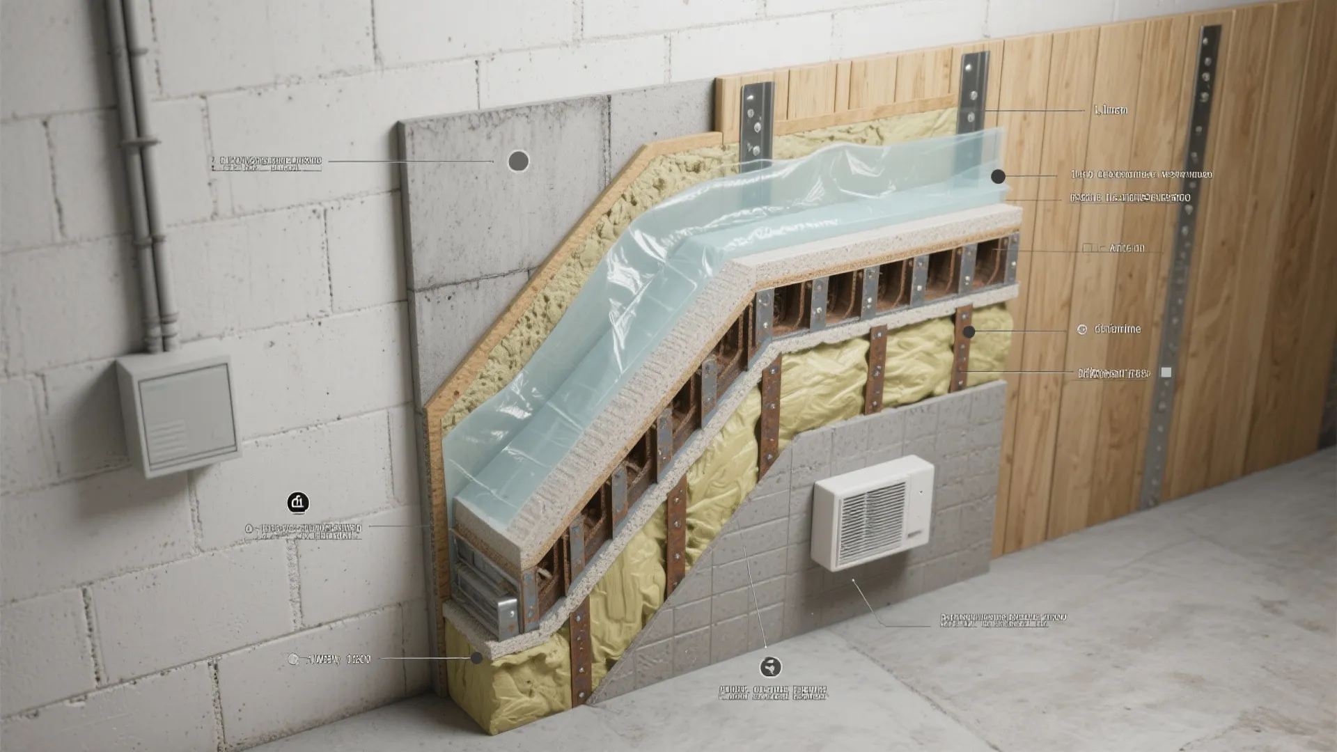 Interior design drawing showing cutaway wall with brick yellow insulation plastic and wood wall panels