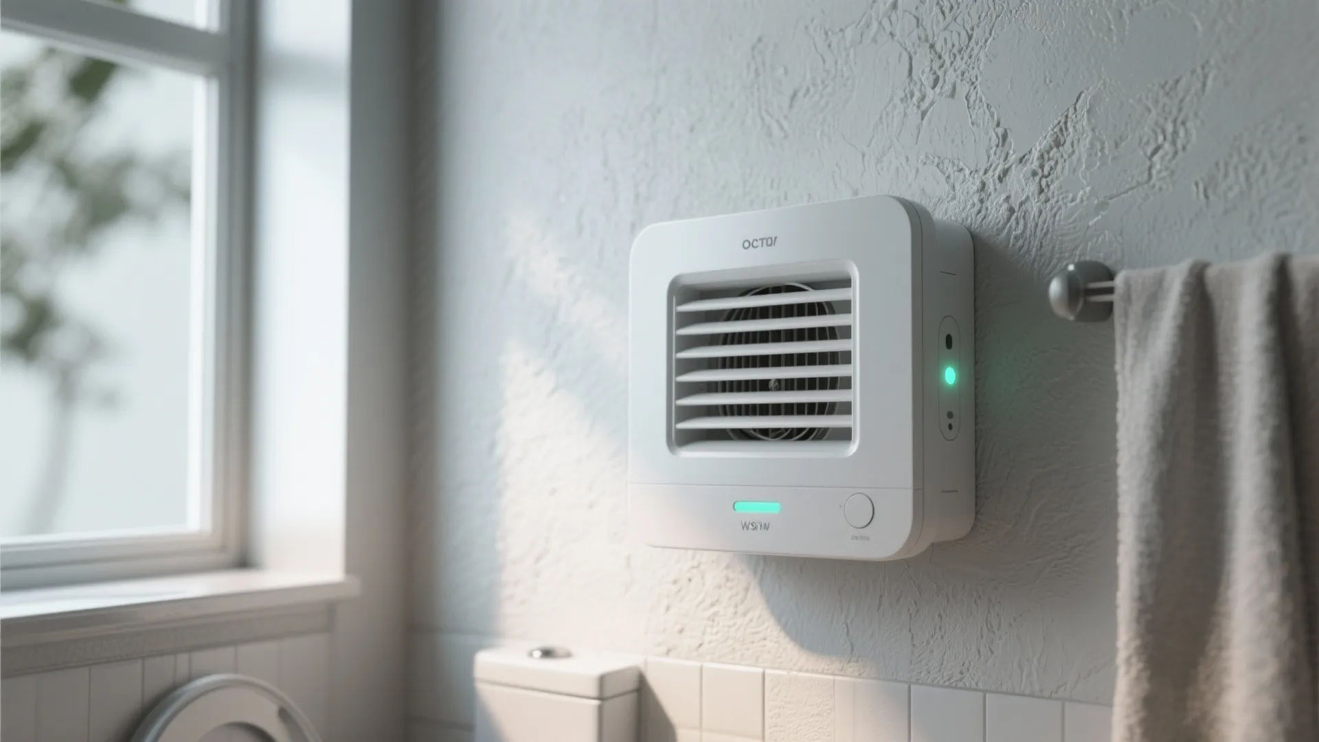 White ventilation fan mounted on a bathroom wall near a window and a hanging towel