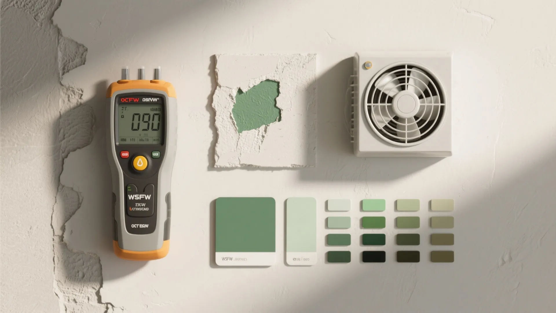 Digital moisture meter wall fan green color paint chips and broken plaster on white wall