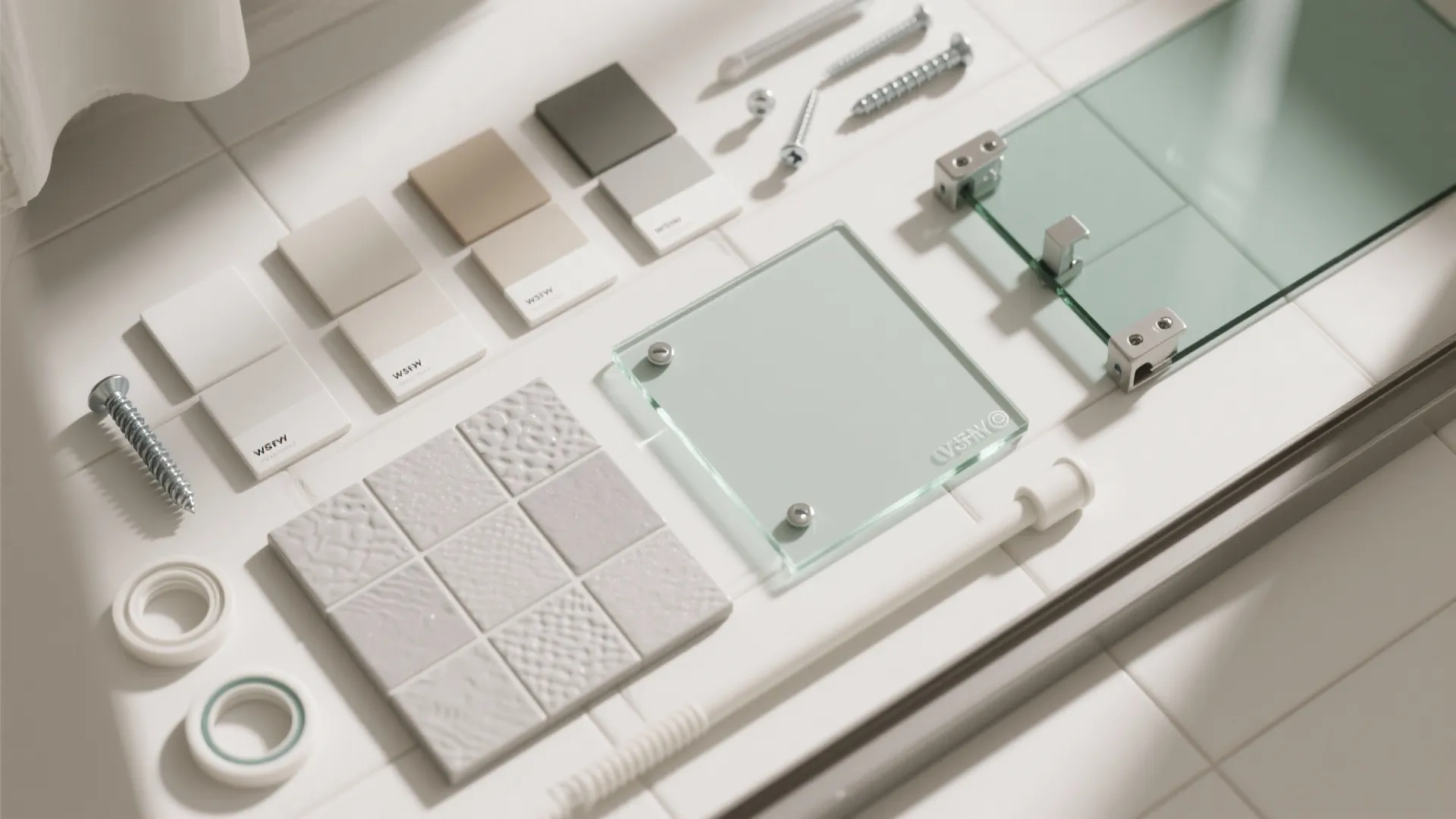 Interior design materials including color swatches small floor tiles glass panels and metal wall screws