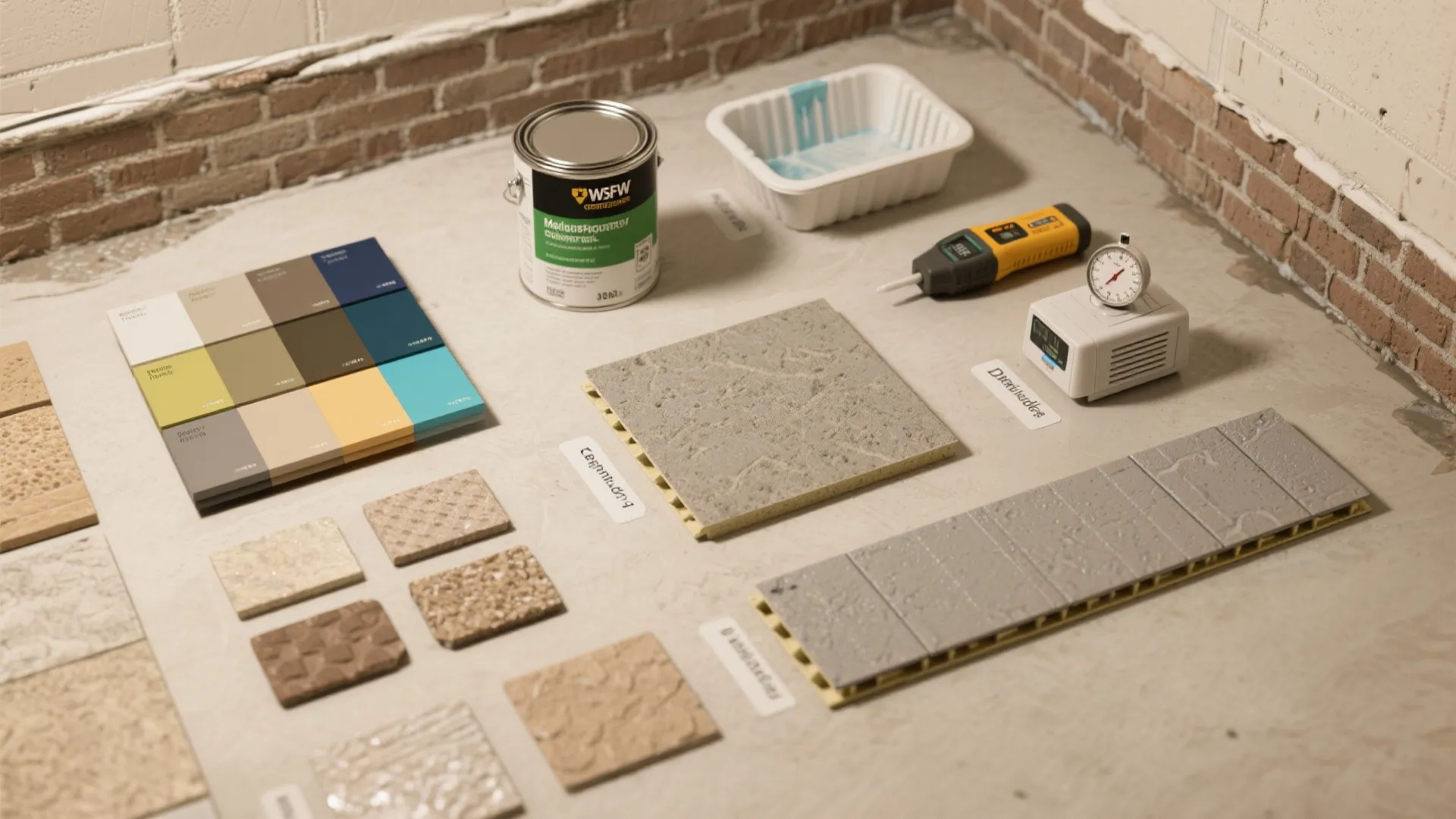 Selection of interior design materials including paint can color swatches floor tiles and stone samples