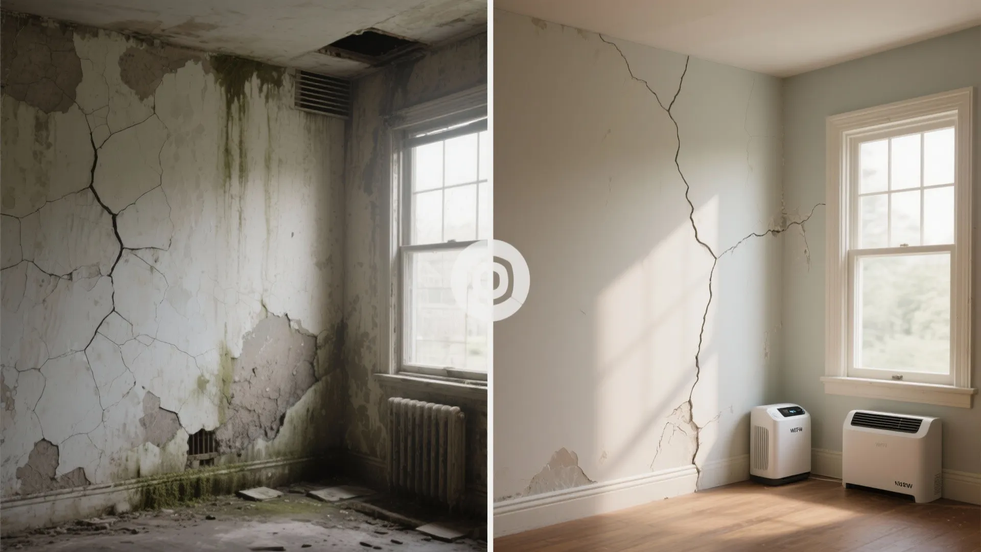 Comparison of old moldy room and clean room with white walls wood floor and windows