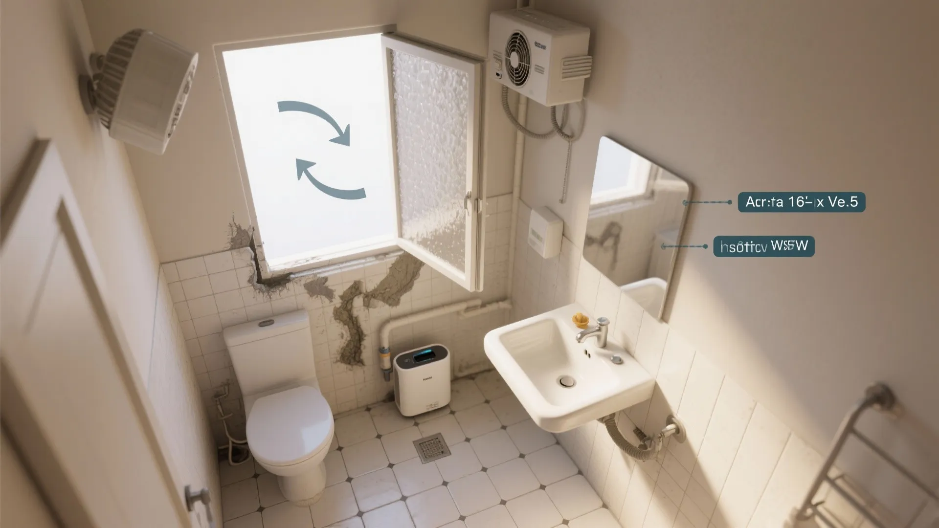Small bathroom with open window showing air flow arrows to fix wall moisture and mold issues