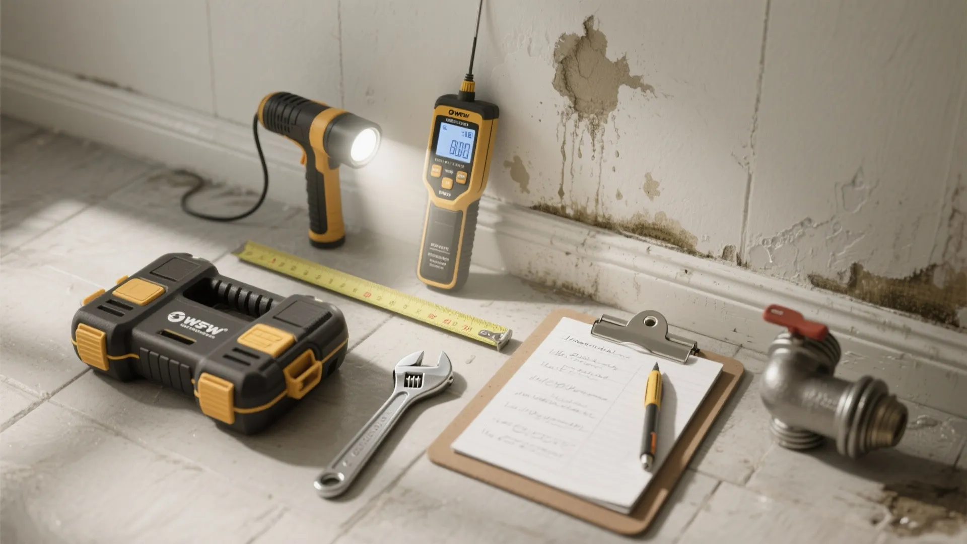 Home inspection tools including moisture meter flashlight tape measure wrench and clipboard near damaged wall