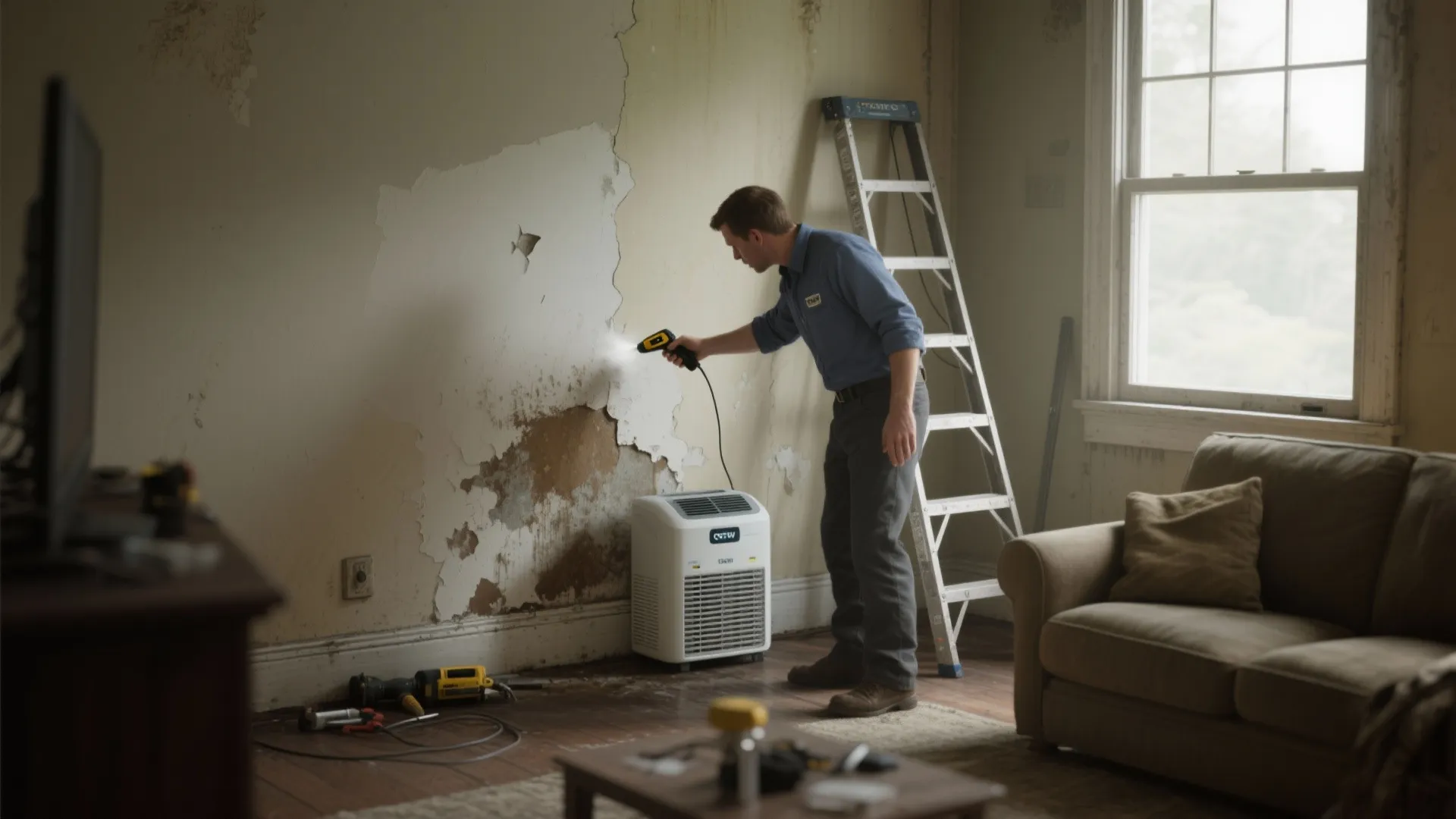 Man inspecting damaged wall moisture with handheld sensor near a white ladder and brown sofa