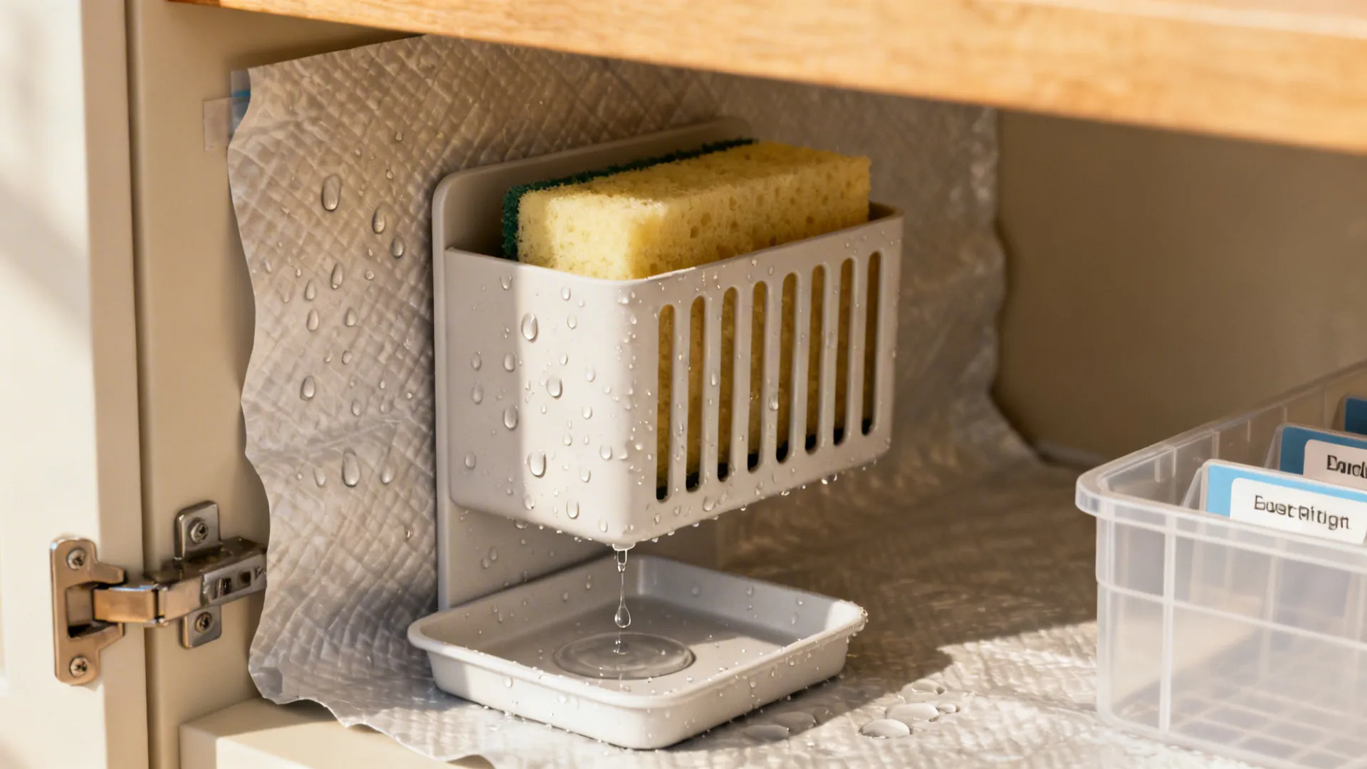 Moisture-absorbing liner and ventilated caddy holding sponges under a sink to prevent odors.