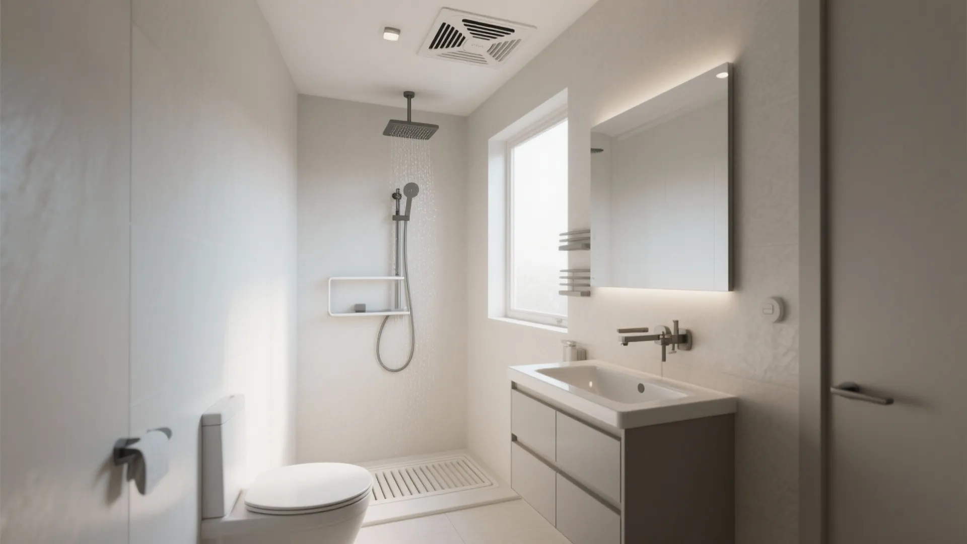 Modern white bathroom design featuring a shower area sink cabinet large mirror and a white toilet
