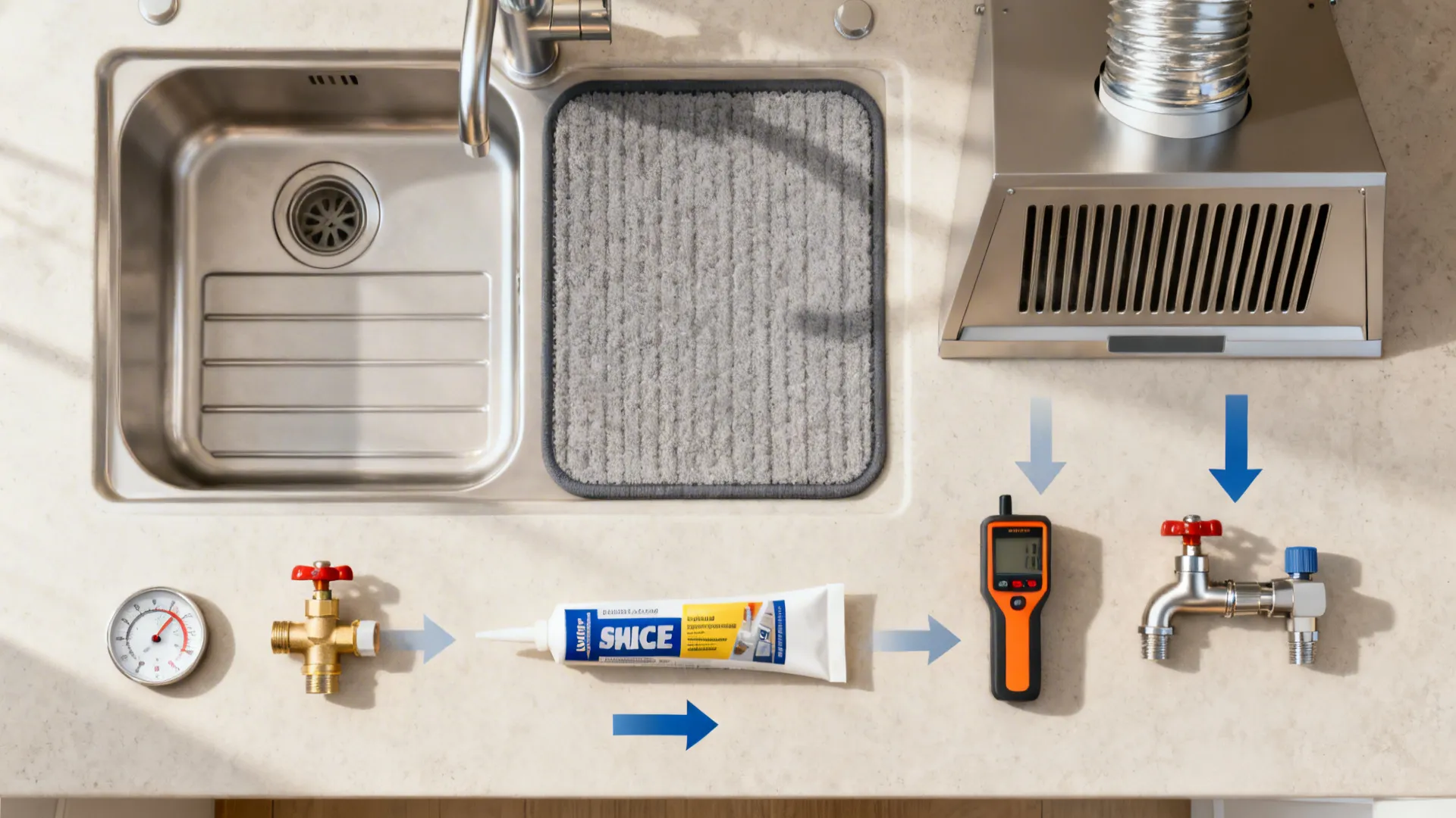 Kitchen sink area showing maintenance tools with blue arrows pointing toward valves sealant and digital sensor