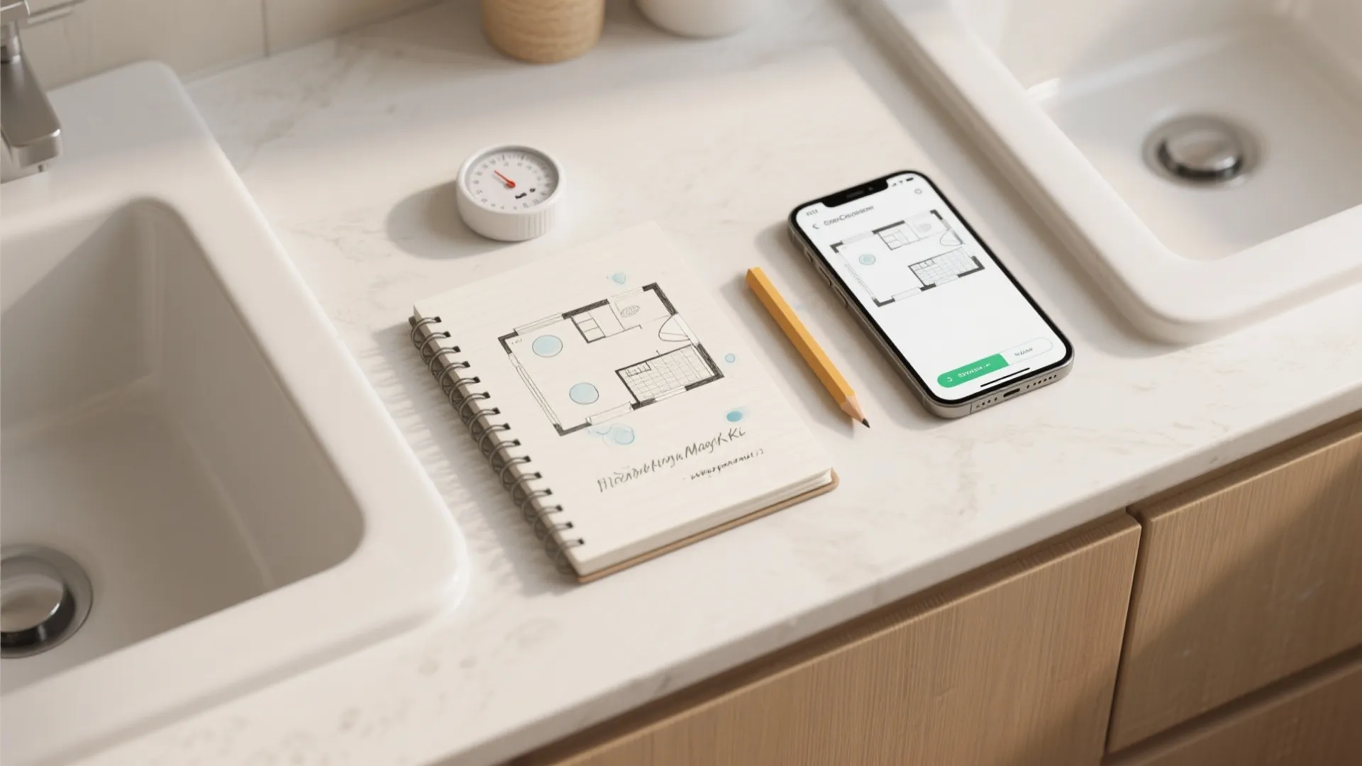 Bathroom counter with hand drawn floor plan notebook smartphone app pencil and a small sensor