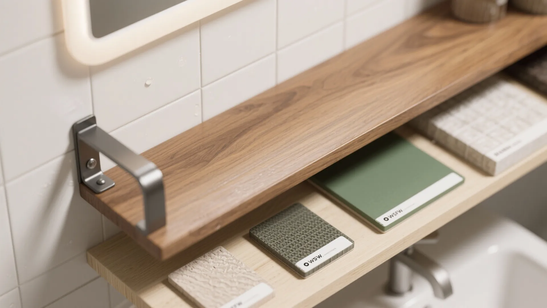 Close up of wooden shelves displaying colorful material samples in a bright bathroom setting interior