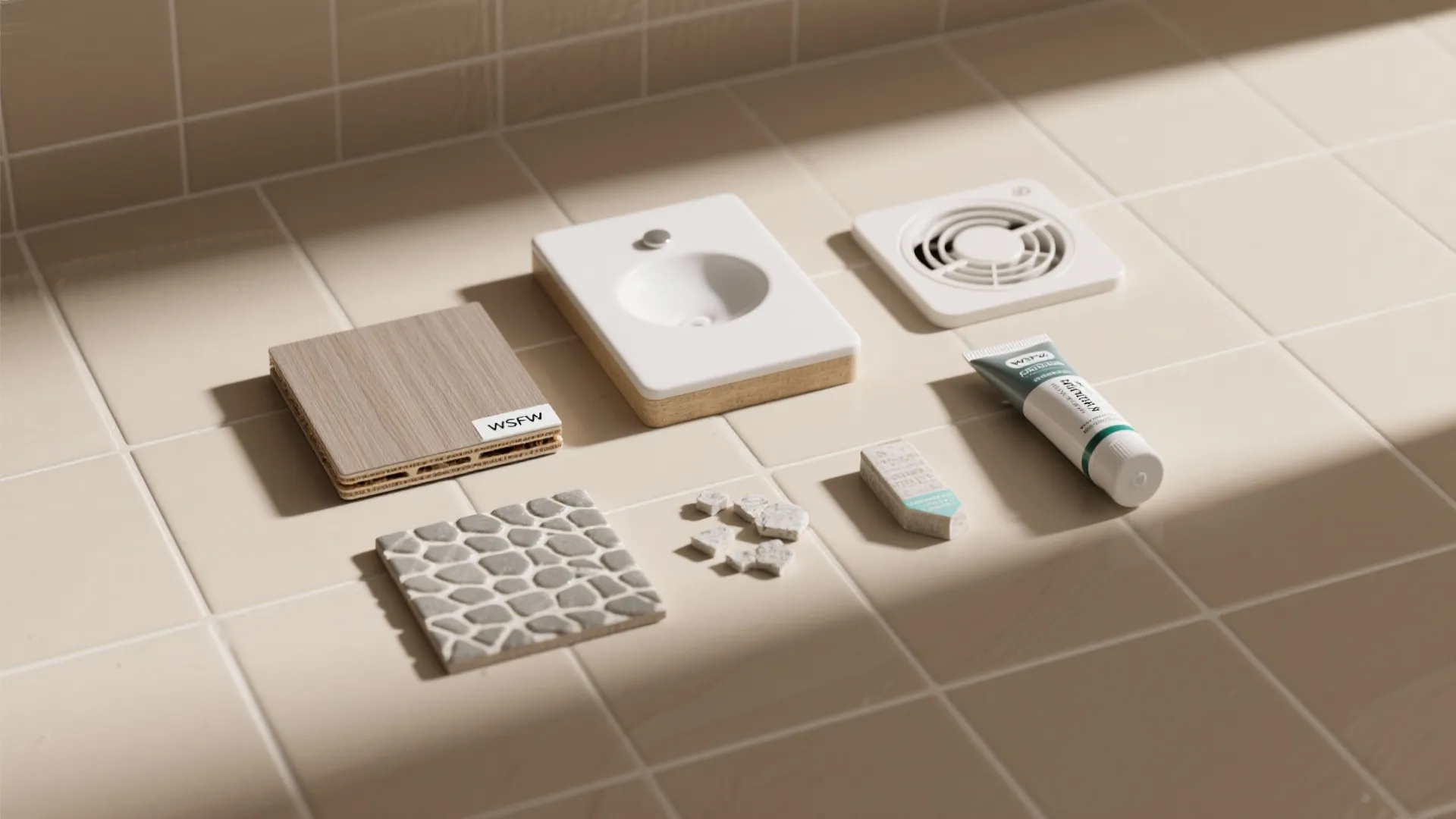 Flat lay of compact laminate, marine ply, solid-surface samples, epoxy grout, and an exhaust fan grill on warm tiles.