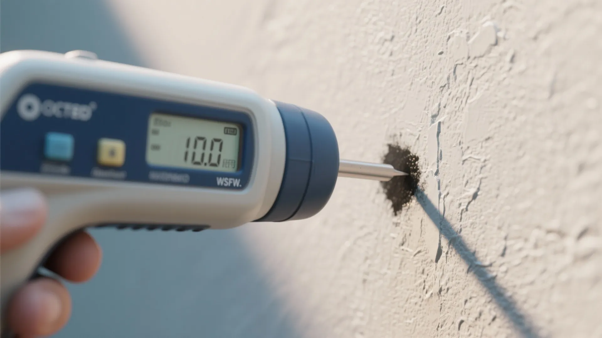 Hand holding a digital moisture meter against a white wall to detect dampness and water damage