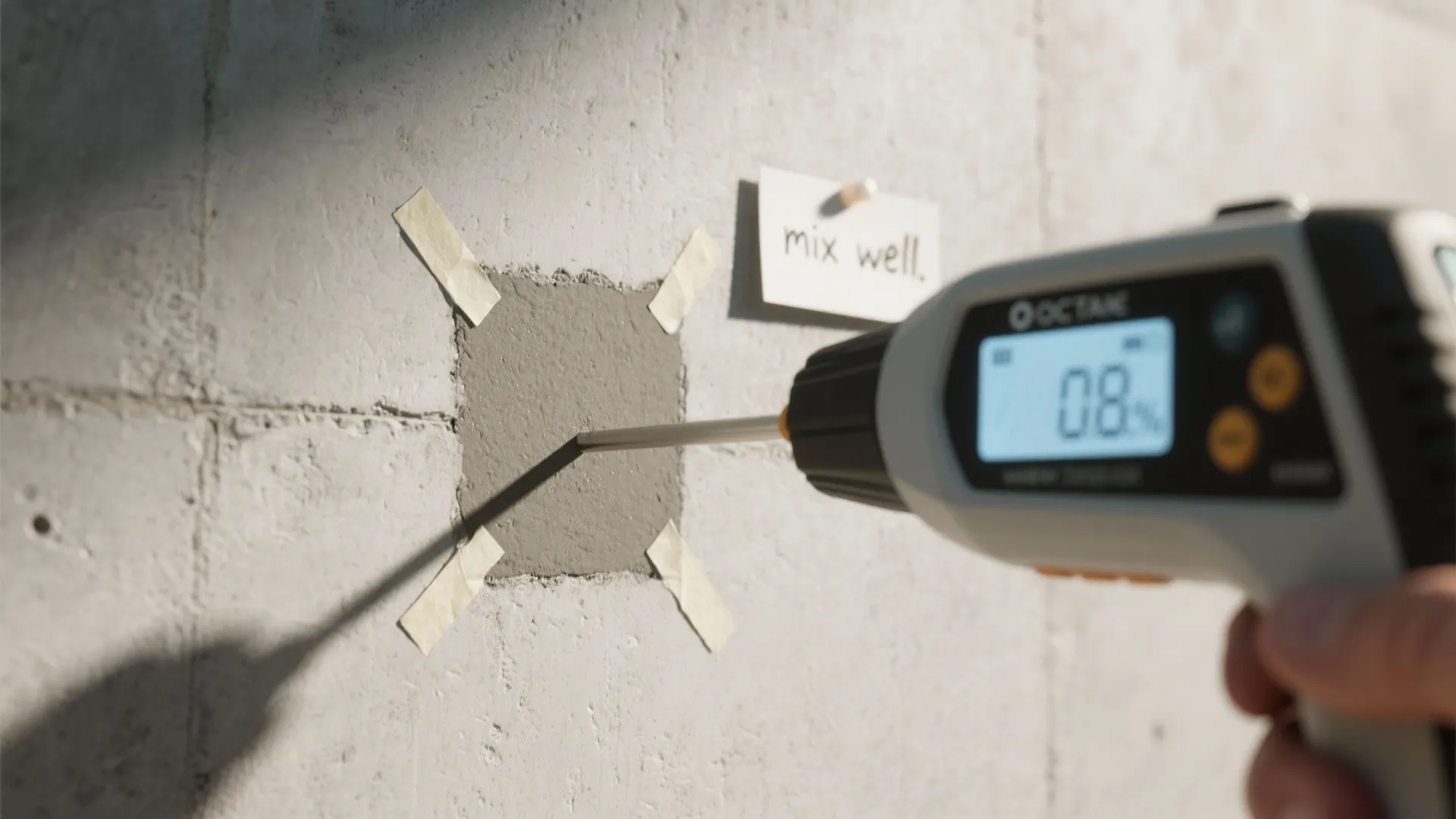 Hand holding a digital tool to check moisture levels on a grey concrete wall surface now